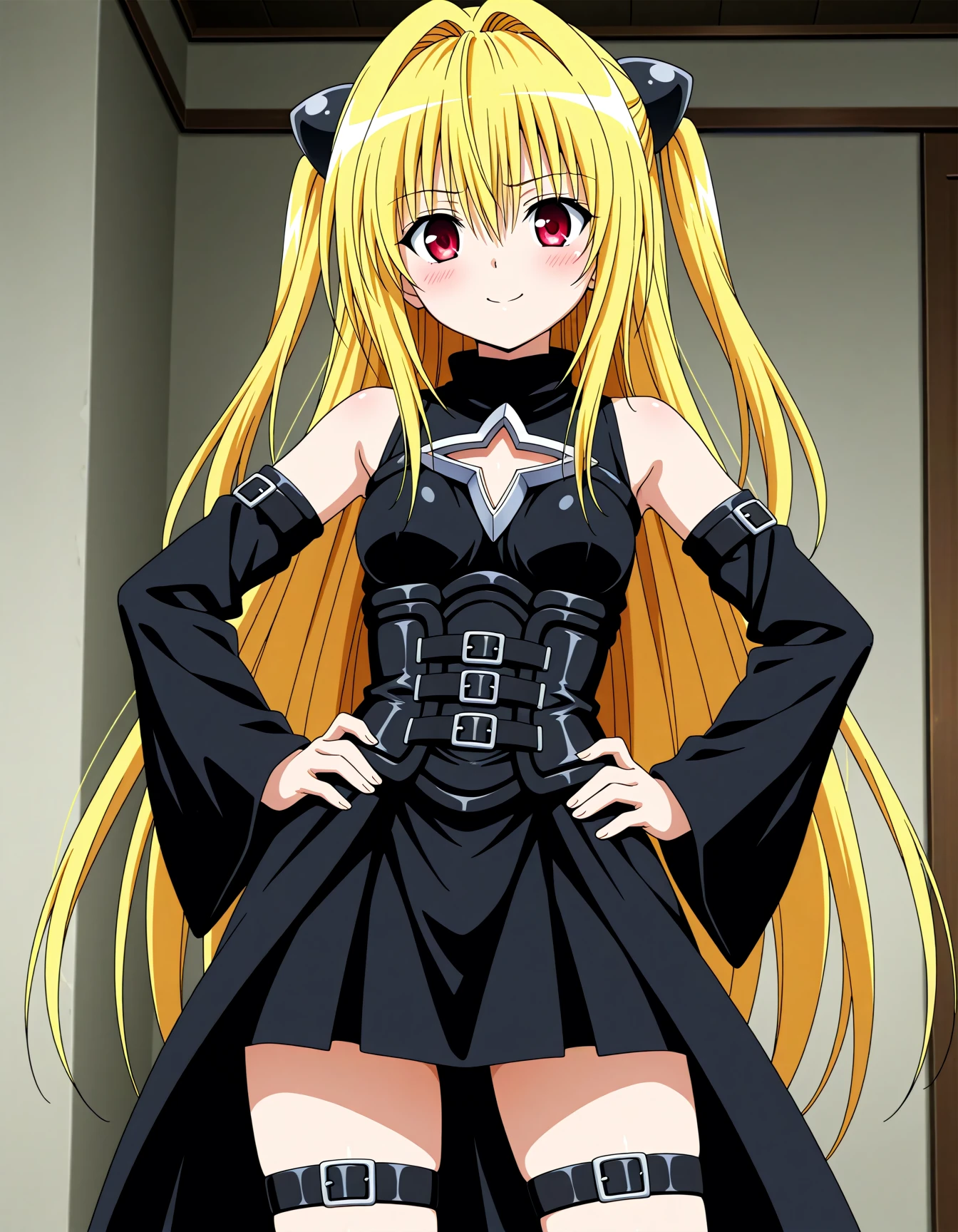 <lora:A dmd2-lighting8step_cfg1.5:1>,official style,masterpiece,best quality,very aesthetic,absurdres,newest,anime coloring,anime screencap,anime style,<lora:Konjikino_Yami_v1:1>,konjiki no yami,solo,yellow hair,long hair,red eyes,hair ornament,two side up,small breasts,black dress,clothing cutout,bare shoulders,detached sleeves,belt,thigh strap,embarrass,smile,light_blush,shy,posing,hands_on_hips,