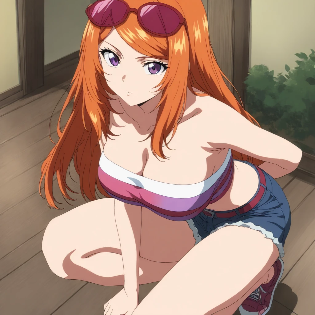 masterpiece,high score,great score,absurdres,anime coloring,looking at viewer,solo,<lora:SakiShindou ag4o:1> sakishindou, orange hair, long hair, purple eyes, eyewear on head,tube top,cleavage,shorts,