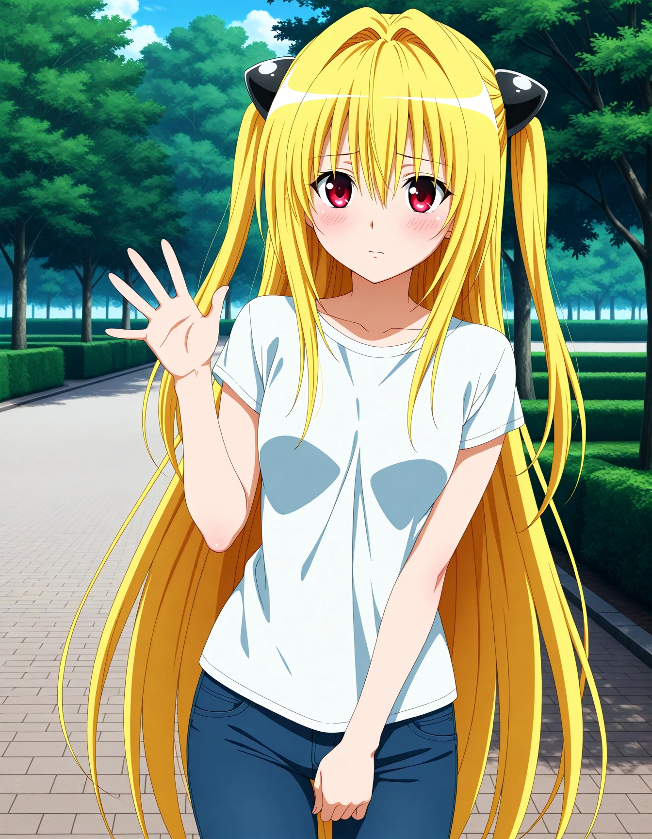 <lora:A dmd2-lighting8step_cfg1.5:1>,official style,masterpiece,best quality,very aesthetic,absurdres,newest,anime coloring,anime screencap,anime style,<lora:Konjikino_Yami_v1:1>,konjiki no yami,solo,yellow hair,long hair,red eyes,hair ornament,two side up,small breasts,casual,jeans,light_blush,shy,posing,park,waving,