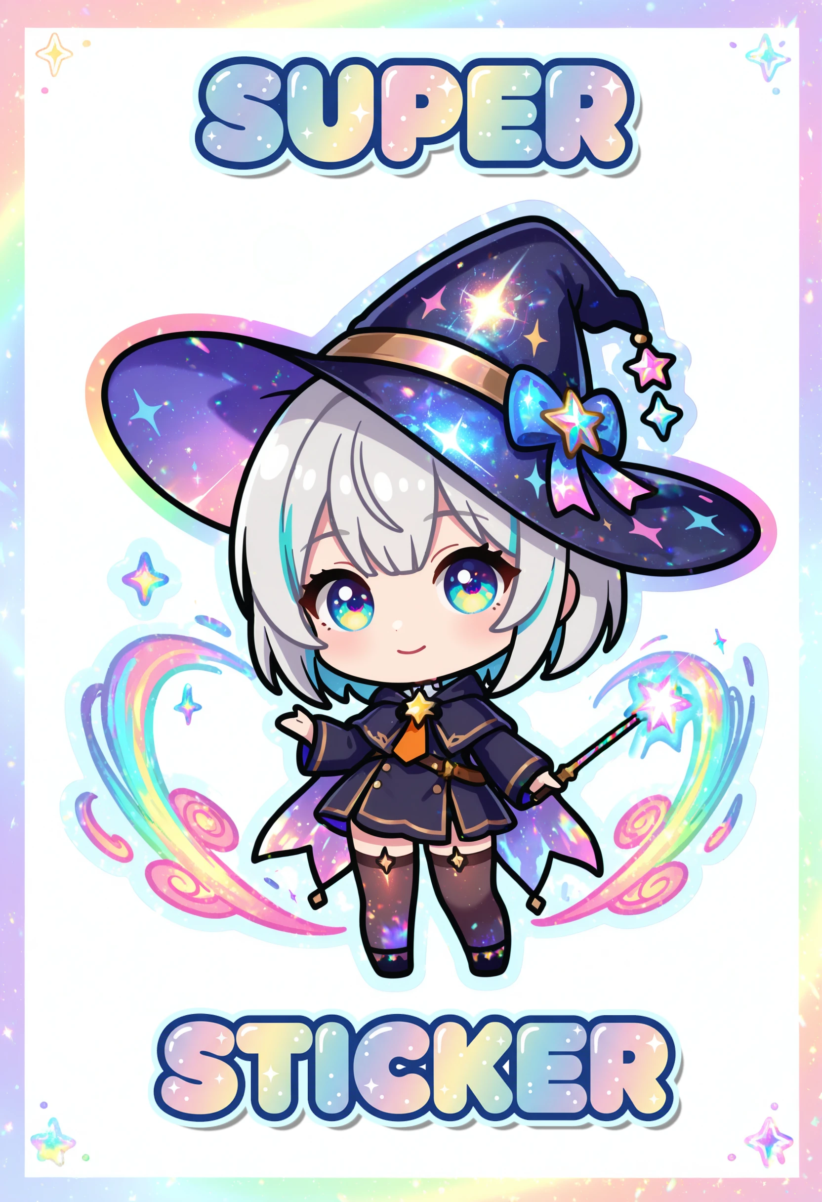 (masterpiece),(best quality),(ultra-detailed),very aesthetic,absurdres, newest, (solo:1.3)
<lora:Sticker_Style_Illustrious:1> skr, outline, (shiny:1.6), holographic, sticker, white background, (holographic:1.7), rainbow outline, (glitter:1.5)
full body, (chibi:1.4)
1girl, witch, witch hat, casting spell, stockings, thighhighs
magic swirls, wand,
looking at viewer,happy