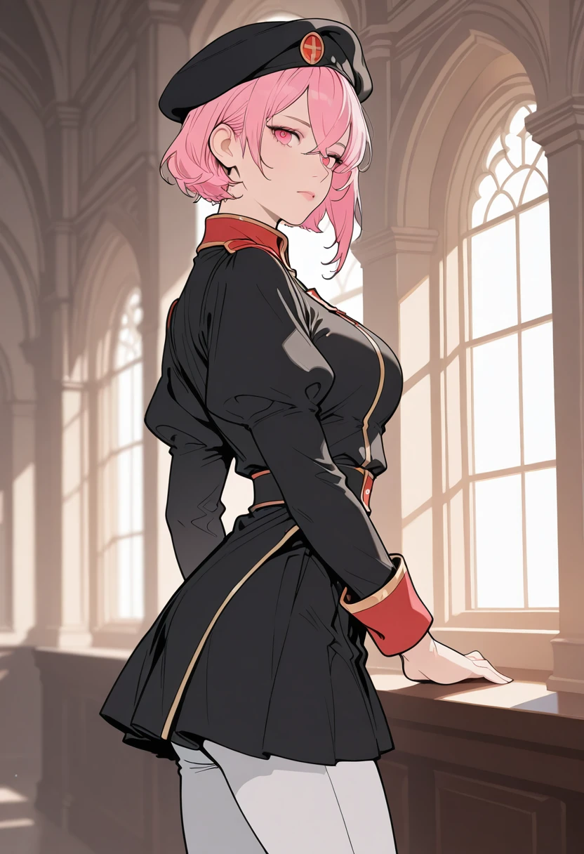 HDR, masterpiece, best quality, very aesthetic, (realistic:1.1), (flat color:1.5),
lenny, 1girl, solo, pink hair, short hair, pink eyes, hair between eyes, crossed bangs,
jacket, long sleeves, puffy sleeves, hat, black jacket, uniform, black headwear, military uniform, uniform, military, military uniform, beret, black skirt , white pants, pantyhose, large breasts,
detailed background, side view, looking at viewer,
