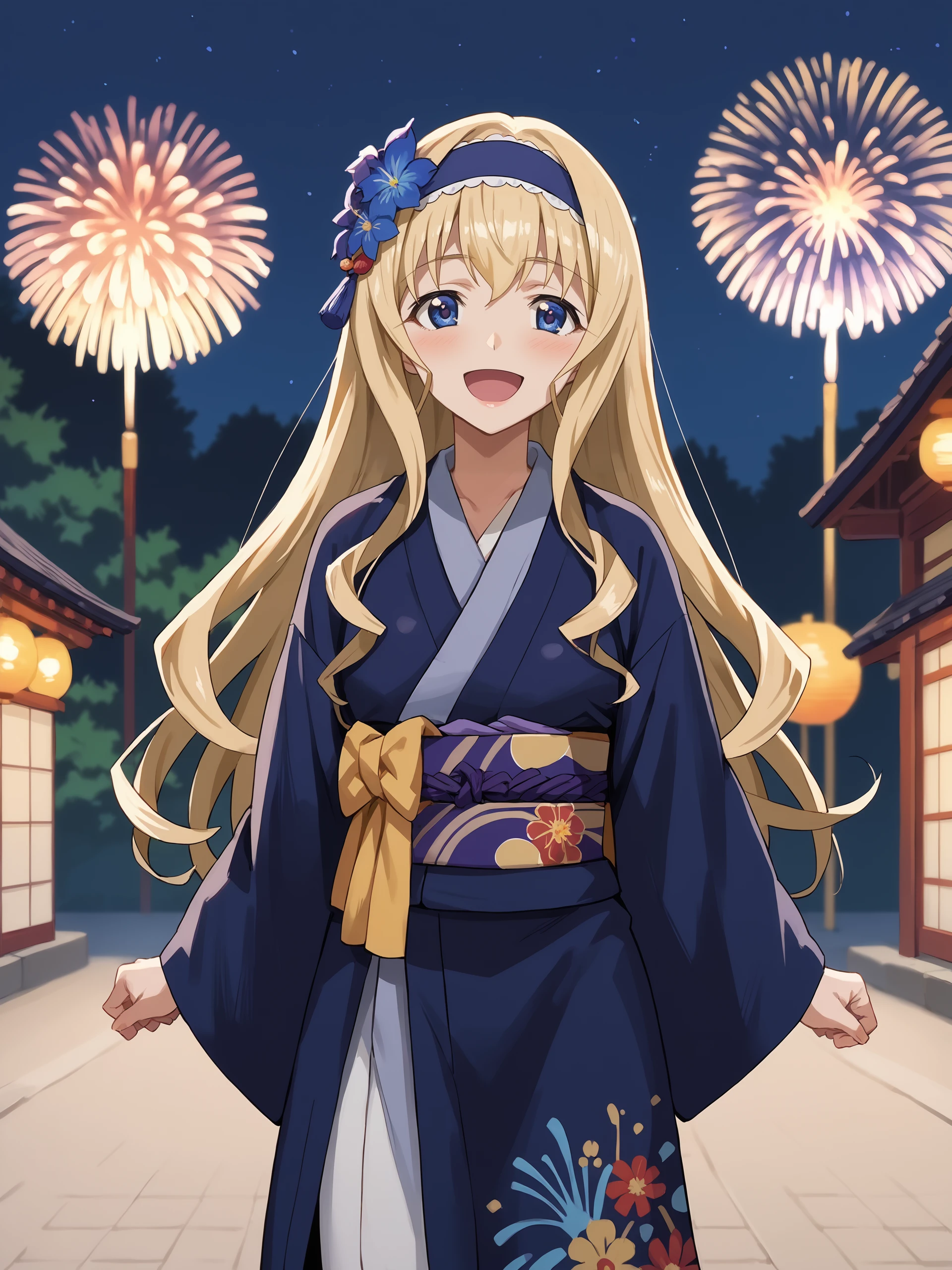 score_9, score_8_up, score_7_up, source_anime, ray tracing, best quality, anime screenshot, anime coloring, <lora:Char-IS-Cecilia-V1-Pony:0.9:hr=0.6>,  1girl, cecilia alcott, blue hairband, solo, kimono, hair flower, obi, sash, tabi, standing, cowboy shot, holding fireworks, smile, open mouth, night, outdoors, blurry background