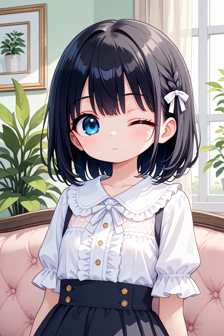 masterpiece, best quality, amazing quality, very aesthetic, absurdres,
cute round face, slender, detailed eyes, detailed hair, kawaii,
1girl, solo,
Intricate details, Extremely detailed, Outstanding intricacies, Absurdres absolutely resolution, Serene atmosphere,
Portrait, Face focus, shooting from front,
expressionless, closed mouth, Looking at viewer,
medium hair, black hair,
White ruffled blouse, saxe-blue ribbon tie, short ruffled sleeves and long layerd skirt,
Fashionable cafe living room, Decorative plants, Pastel cute sofa, Pastel cute curtains, Pastel cute wallpaper,
wink, one eye closed
<lora:wink1_left_xl_v20:1>