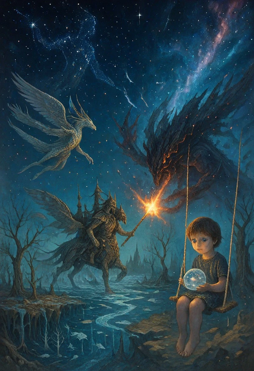 A monumental living constellation, its stars shifting with the whispers of cosmic winds, drifts through a sky of shattered starlight, trailing a forgotten city of celestial spires. The heavens are a fractured canvas, with one half ablaze with the silent roar of a cosmic storm and the other a tranquil expanse of shimmering nebulae and frozen whispers. Below, a sprawling metropolis, built into the heart of a colossal, petrified beast, slowly dissolves into a river of solidified sorrow, where spectral fish swim through inverted forests of crystal and bone. Gigantic, feathered serpents glide through the air, their scales shimmering with ancient magic, while ethereal warriors on steeds of pure light navigate the unseen currents. A shaman, whose voice is woven from the threads of creation, battles a monstrous entity born from a forgotten curse, its form a shifting mosaic of shattered destinies and discordant prophecies. Islands of solidified dreams dissipate, releasing swarms of iridescent insects that become fleeting constellations as they ascend. A child with eyes like distant stars sits on a swing made of woven starlight, holding a miniature universe, as the fabric of space-time unravels around them like a tattered scroll.