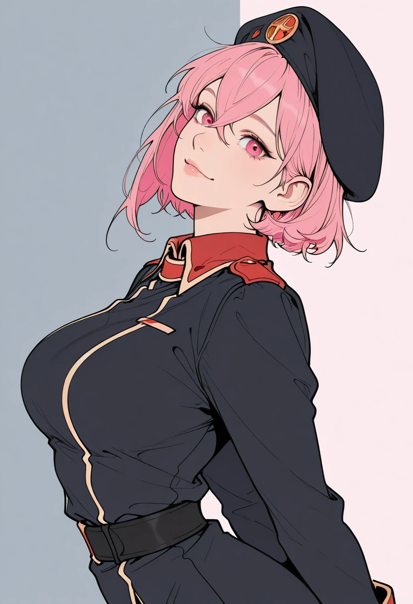 HDR, masterpiece, best quality, very aesthetic, (realistic:1.1), (flat color:1.5),
lenny, 1girl, solo, looking at viewer, short hair, hat, hair between eyes, pink hair, pink eyes, uniform, military uniform, beret, side view, large breasts, crossed bangs, arms behind on back, stretching, happy, dynamic angle
