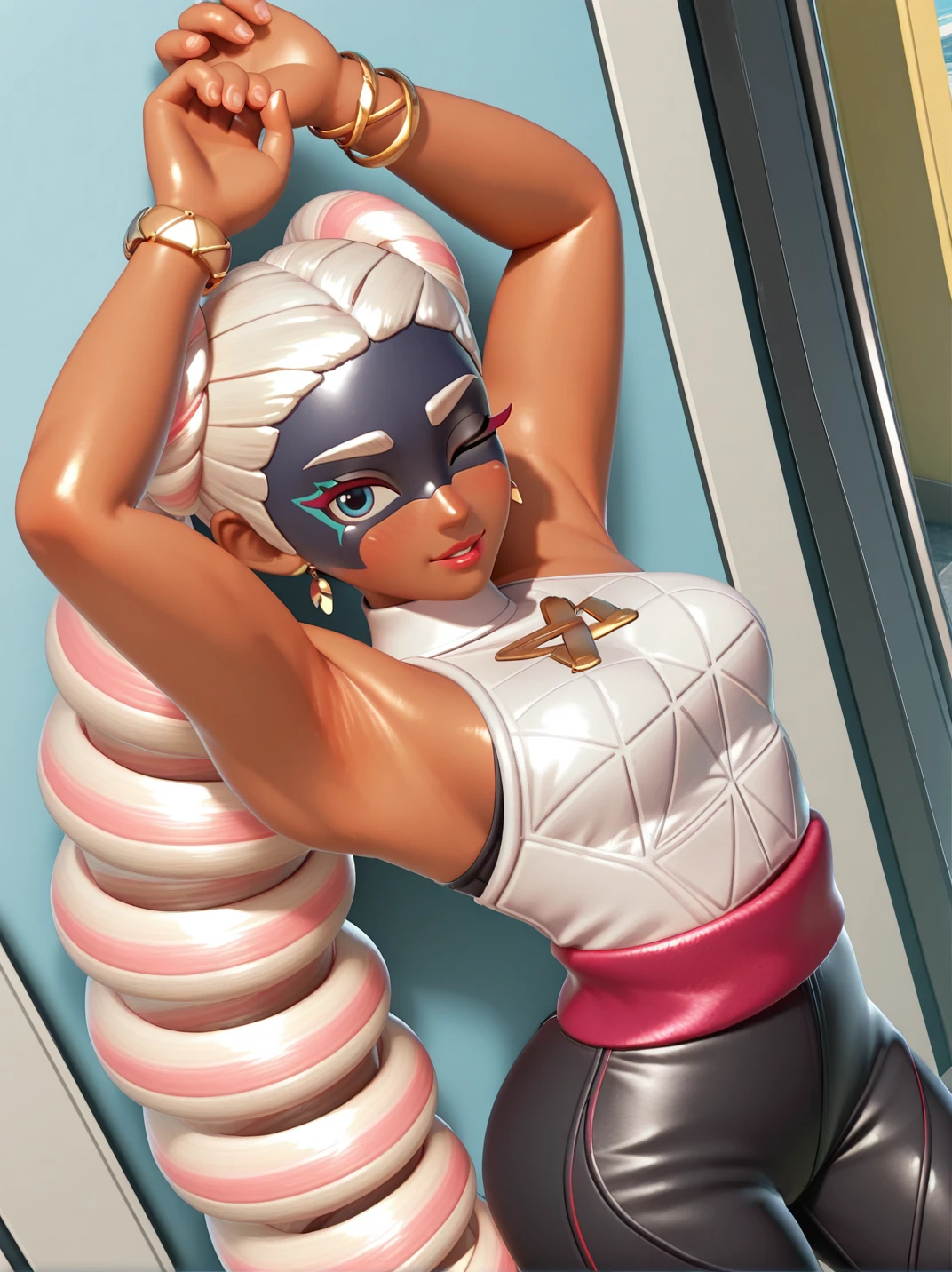 (official style, screencap:1.2), 3d,
1girl, (TwintelleXL:1), (shirt, black pants, sleeveless, bracelet, jewelry, red sash:1.2), (blue eyes, dark-skinned female, long hair, twin drills, mask, drill hair, very long hair, multicolored hair, pink hair, blonde hair, lipstick:1),, skindentation, blush, curvy, hips, medium breasts,
light smile, dutch angle, dynamic angle, naughty pose, looking at viewer, outdoors, arms up, armpits, sexy pose, solo, dynamic pose, cowboy shot, head tilt, parted lips, one eye closed, naughty face, from above, against wall, indoors, gym from side,
<lora:ATwintelle_character:1>