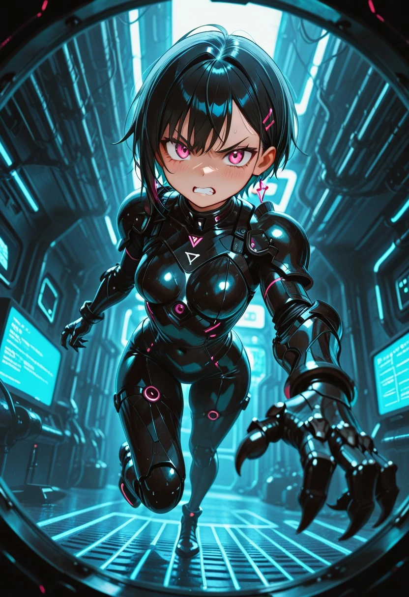 best quality 32k UHD HDR high resolution intricately detailed extremely aesthetic exquisitely beautiful perfectly composed supreme masterpiece, 1girl, cute, sleek hair, pretty eyes, cybernetic armor, claws, looking at viewer, expressive face, angry, female focus, full body, interesting angle with a good perspective, foreshortening, forced perspective, neon lighting, glint, tron game grid,