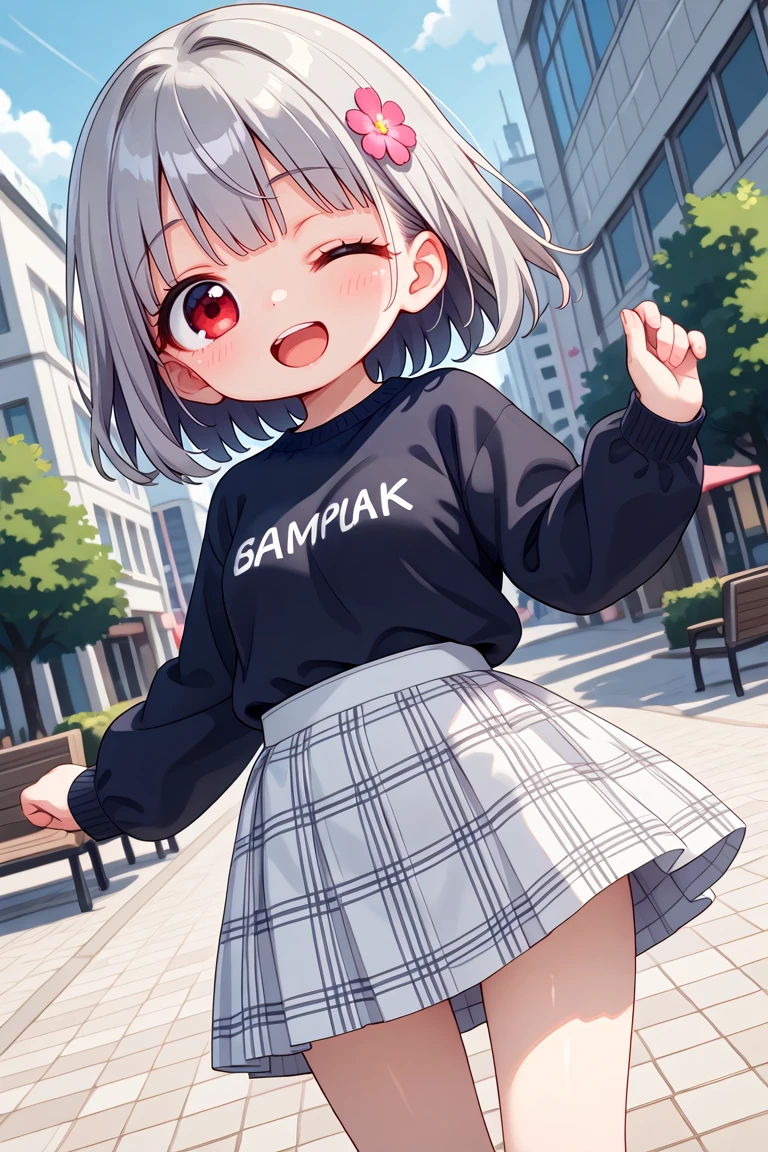 masterpiece, best quality, amazing quality, very aesthetic, absurdres,
cute round face, slender, detailed eyes, detailed hair, kawaii,
1girl, solo,
dynamic angle,
best shadow, an extremely delicate and beautiful, gleaming skin, cowboy shot,
in a park, city, standing, smile,
wearing casual fashion, wearing harajuku fashion, wearing skirt,
breasts, extremely detailed eyes, open mouth, (grey hair, red eyes:1.2),
(one eye closed, wink:1.1)
<lora:wink1_left_xl_v20:5:stop=10>