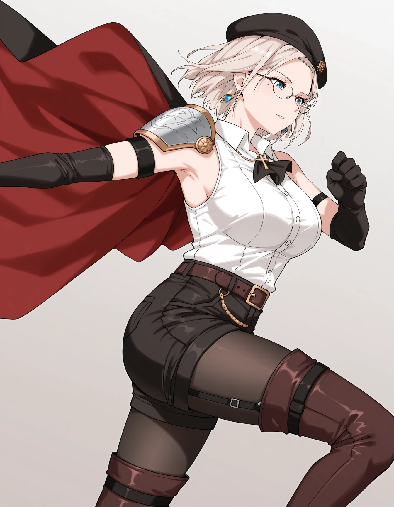 masterpiece,best quality,amazing quality,very aesthetic,high resolution,ultra detailed,perfect details,
<lora:maiistyle:1>,maiistyle,dynamic pose,cowboy shot,
mature female,short hair,platinum blonde hair,mole under eye,blue eyes,beautiful detailed eyes,larg breasts,oval face,glasses,
bare_shoulders,detached_sleeves,belt,black pantyhose,black garter belt,high heels,(black beret),earrings,cross necklace,pendant,neckerchief,elbow gloves,armband,black armlet,fighting_stance,shorts,cape,red color inner cape,(upper body,shoulder armor,left arm),(lower body,shorts),brown footwear,thigh boots,longeyelashes,white collared shirt,