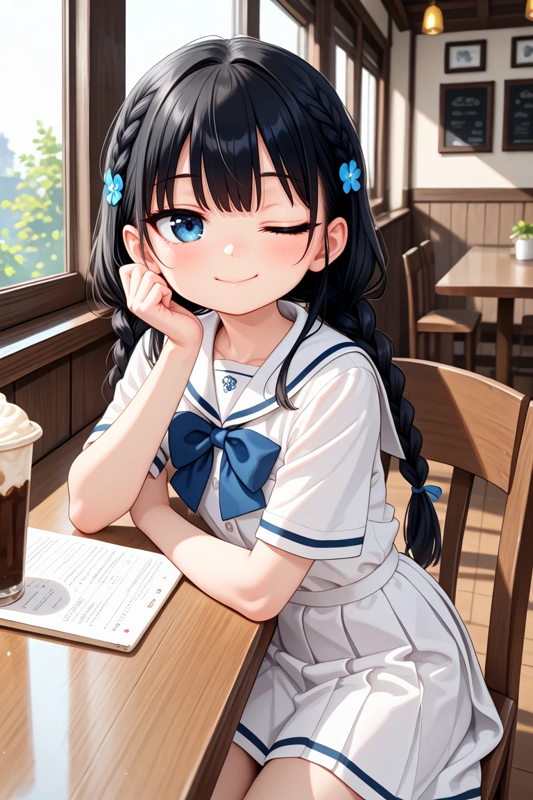 newest, latest, masterpiece, best quality, amazing quality, very aesthetic, absurdres,
cute, cute round face, slender, detailed eyes, detailed hair, kawaii,
1girl, solo,
cowboy shot, (one eye closed, wink:1.1),
smile, closed mouth, looking at viewer, jitome,
Detailed dark-blue eyes, Long hair with braids, black hair, Detailed slender body,
white sailor school uniform, blue bowtie,
sitting, in cafe, classic interiors, gothic furnitures
<lora:wink2_left_xl_v20:1:stop=10>