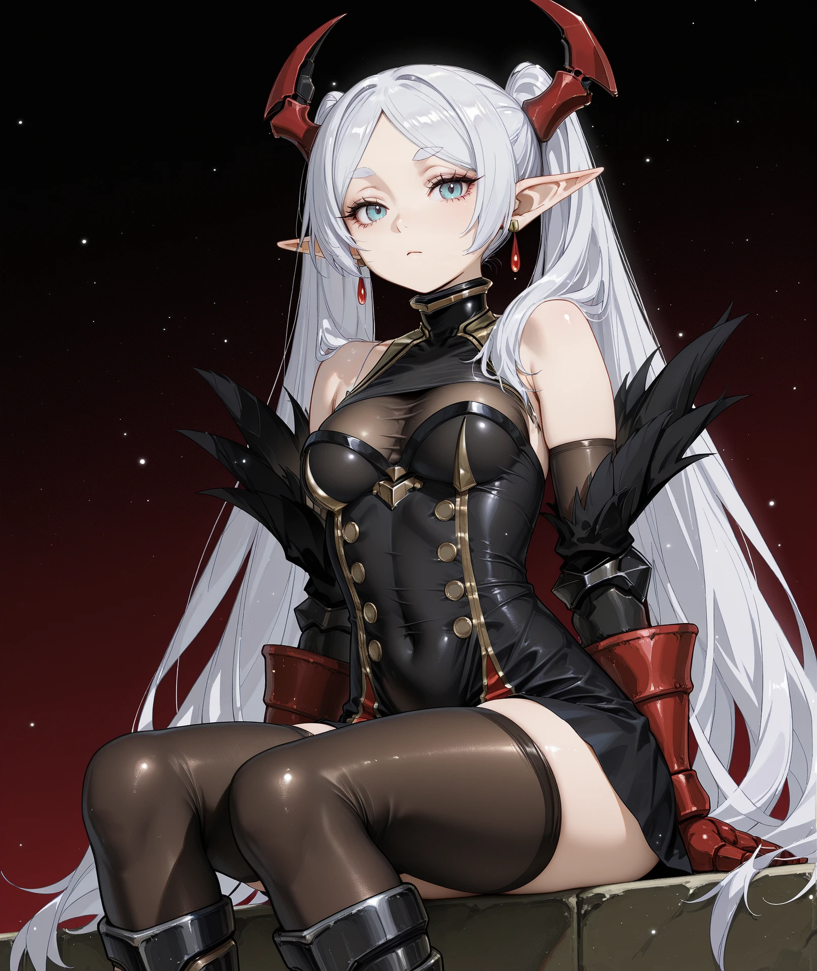 absurdres, anime coloring, anime screenshot, highres, hi res, best quality, masterpiece, 2d, intricate details, 4k,
1girl, solo, female, nose, white hair, silver hair, pointy ears, twintails, parted bangs, long hair, teardrop earrings, earrings, elf, floating earrings, frieren, sousou no frieren,
friedrich der grosse (azur lane), azur lane, cosplay, parody, alternate costume,
breasts, small breasts, cleavage, bare shoulders,
gloves, dress, sleeveless, black gloves, elbow gloves, black dress, see-through, zettai ryouiki, sleeveless dress, covered navel, buttons, skindentation, short dress, gauntlets, red gloves, gold trim, double-breasted, taut clothes, taut dress,
thighhighs, thighs, boots, black thighhighs, black footwear, knee boots, brown thighhighs, armored boots,
looking at viewer, sitting,
original, black background, red background, gradient background, light particles,