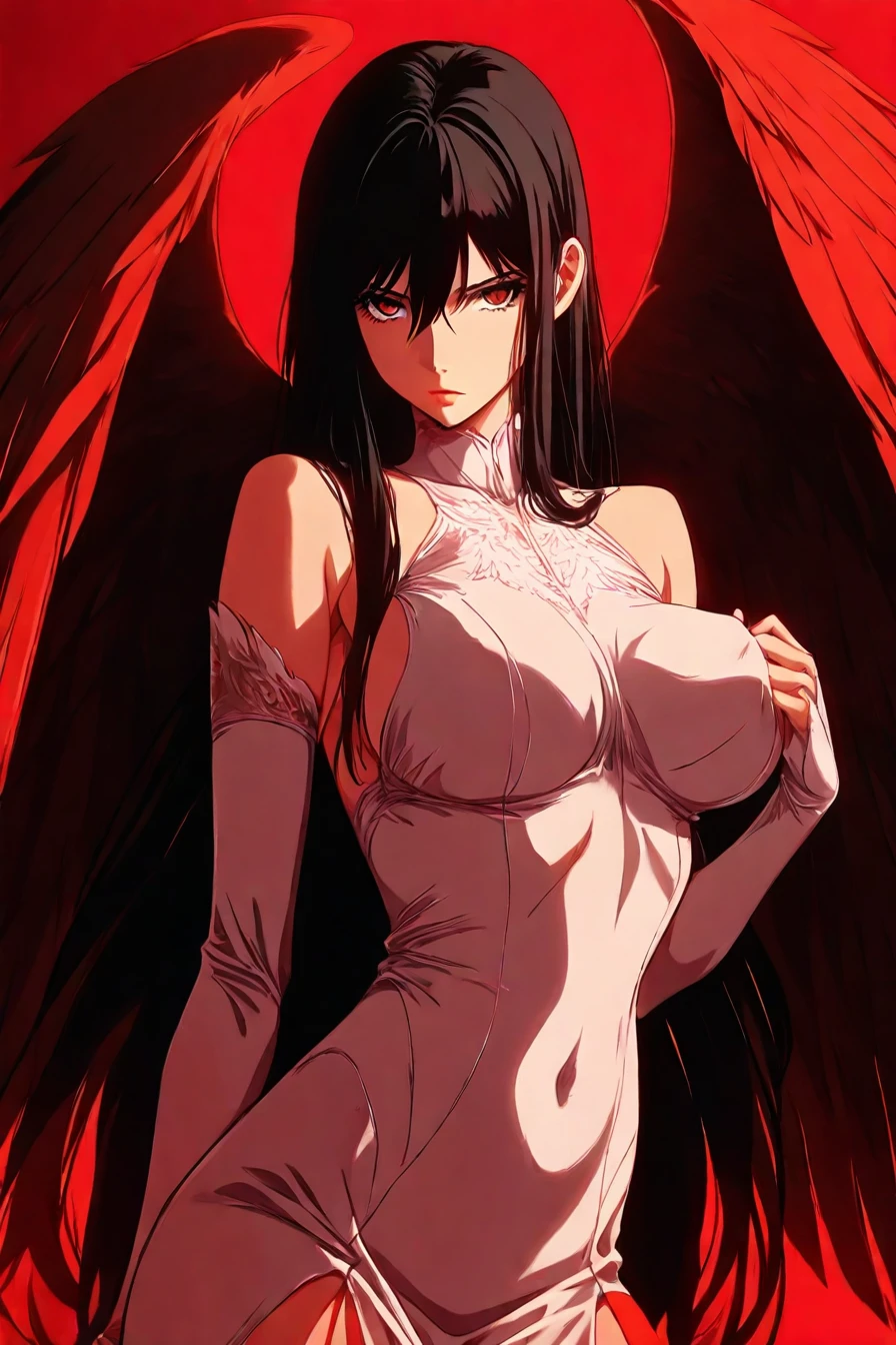 <lora:Misa_Suzuhara_Pony:0.4> , misa suzuhara, long hair, black hair, very long hair, hair between eyes, perky breast, gloves, dress, detached sleeves, white dress, covered navel, wings, angel wings, angel, multiple wings, symmetrical angel wings, 1girl, solo, alone,<lora:red_aesthetic_anime_illustriousXL:1>, red_aesthetic_anime, red theme, masterpiece, highres