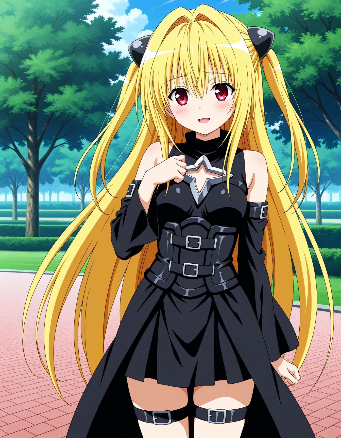 <lora:A dmd2-lighting8step_cfg1.5:1>,official style,masterpiece,best quality,very aesthetic,absurdres,newest,anime coloring,anime screencap,anime style,<lora:Konjikino_Yami_v1:1>,konjiki no yami,solo,yellow hair,long hair,red eyes,hair ornament,two side up,small breasts,black dress,clothing cutout,bare shoulders,detached sleeves,belt,thigh strap,embarrass,smile,light_blush,shy,posing,park,open mouth,