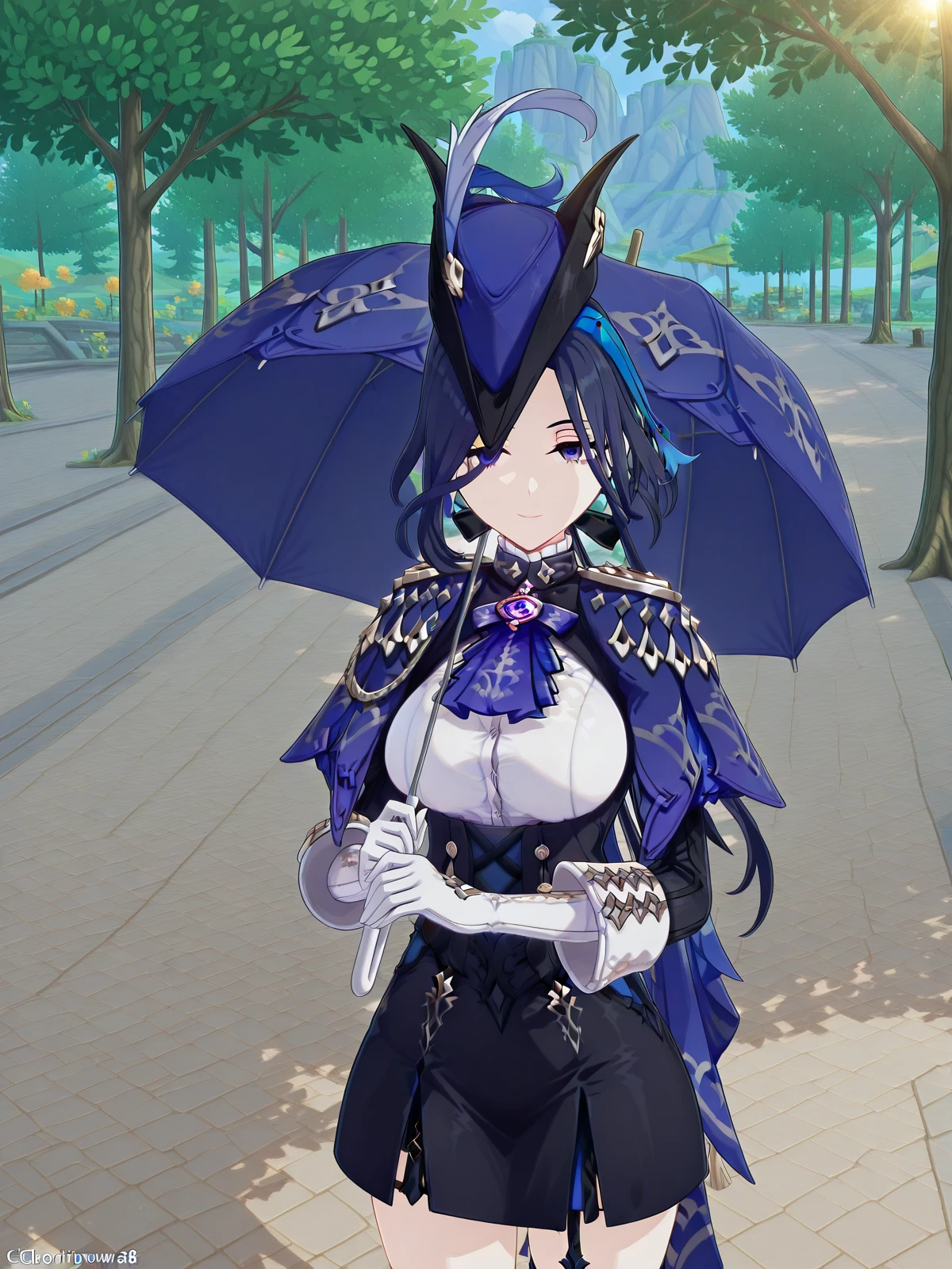 masterpiece, best quality, amazing quality,, <lora:genshin-clorinde-ingame-illustriousxl-lora-nochekaiser:1>, clorinde, clorinde (genshin impact), blue hair, purple eyes, short hair, streaked hair, mature female, breasts, 3d,, <lora:getsuyoubi-no-tawawa-385-illustriousxl-lora-nochekaiser:1>, getsuyoubinotawawa 385, looking at viewer, smile, holding, standing, outdoors, solo, umbrella, holding umbrella, sunlight, shadow, tree, tree shadow, , ,