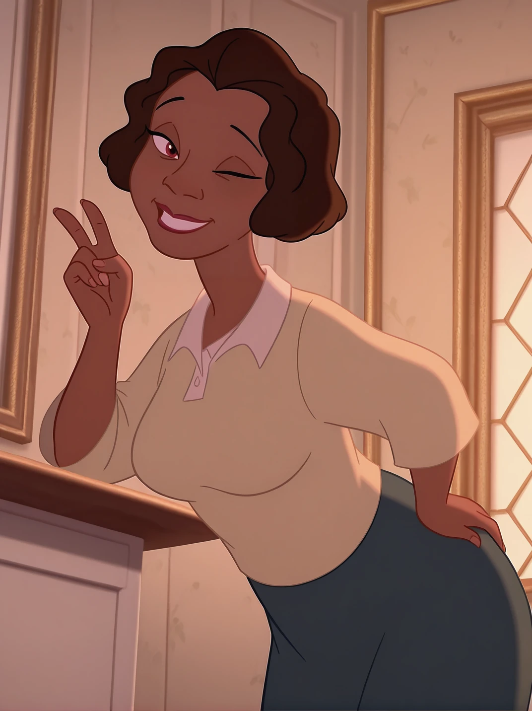 (official style, screencap:1.2), highres,
1girl, (EudoraXL:1.1), dark-skinned female, short hair, brown eyes, brown hair, shirt, long skirt, large breasts, hips, mature female,
light smile, dutch angle, naughty pose, looking at viewer, solo, dynamic pose, cowboy shot, head tilt, sexually suggestive, outdoors, house behind, head tilt,, leaning forward, v, from side, one eye closed, window, 
<lora:AEudora_character:1>, white light