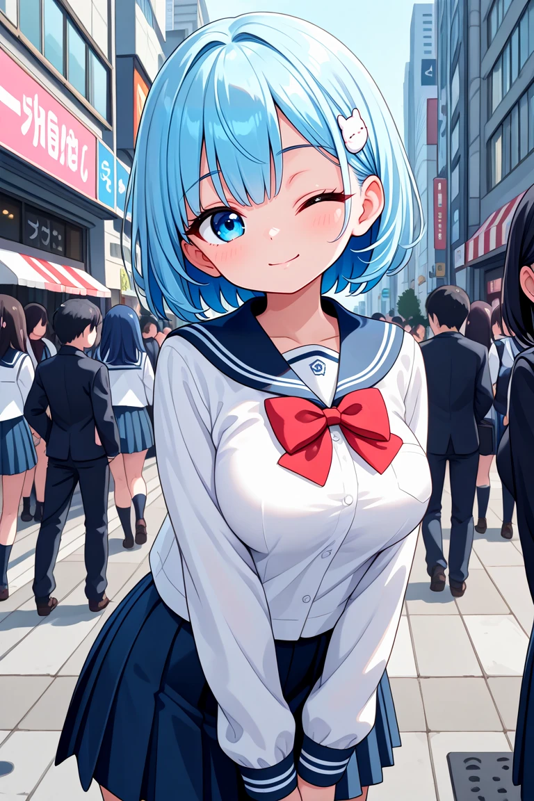 masterpiece, best quality, amazing quality, very aesthetic, absurdres,
cute round face, slender, detailed eyes, detailed hair, kawaii,
1girl, solo,
wearing winter school uniform, sailor school uniform, white shirt, blue pleated skirt, red bowtie,
smile, closed mouth,
standing, cowboy shot, looking at viewer,
slender, kawaii, perfect symmetrical face, ultra cute girl, ultra cute face, ultra detailed eyes, ultra detailed hair, ultra cute, ultra beautiful,
in harajuku, shibuya, tokyo, street, crowd, cityscape,
medium large breasts,
blue hair, short hair, blue eyes, hair pin, one eye closed
<lora:wink1_left_xl_v20:1>