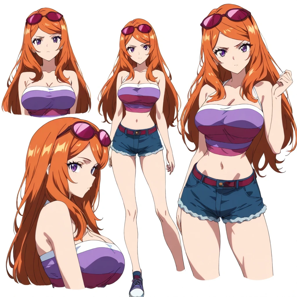 masterpiece,high score,great score,absurdres,anime coloring,looking at viewer,solo,<lora:character_Sheet_XL:0.5> character sheet, multiple views, white background,<lora:SakiShindou ag4o:1> sakishindou, orange hair, long hair, purple eyes, eyewear on head,tube top,cleavage,shorts,