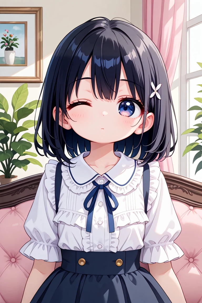 masterpiece, best quality, amazing quality, very aesthetic, absurdres,
cute round face, slender, detailed eyes, detailed hair, kawaii,
1girl, solo,
Intricate details, Extremely detailed, Outstanding intricacies, Absurdres absolutely resolution, Serene atmosphere,
Portrait, Face focus, shooting from front,
expressionless, closed mouth, Looking at viewer,
medium hair, black hair,
White ruffled blouse, saxe-blue ribbon tie, short ruffled sleeves and long layerd skirt,
Fashionable cafe living room, Decorative plants, Pastel cute sofa, Pastel cute curtains, Pastel cute wallpaper,
wink, one eye closed
<lora:wink1_right_xl_v20:3:stop=5>