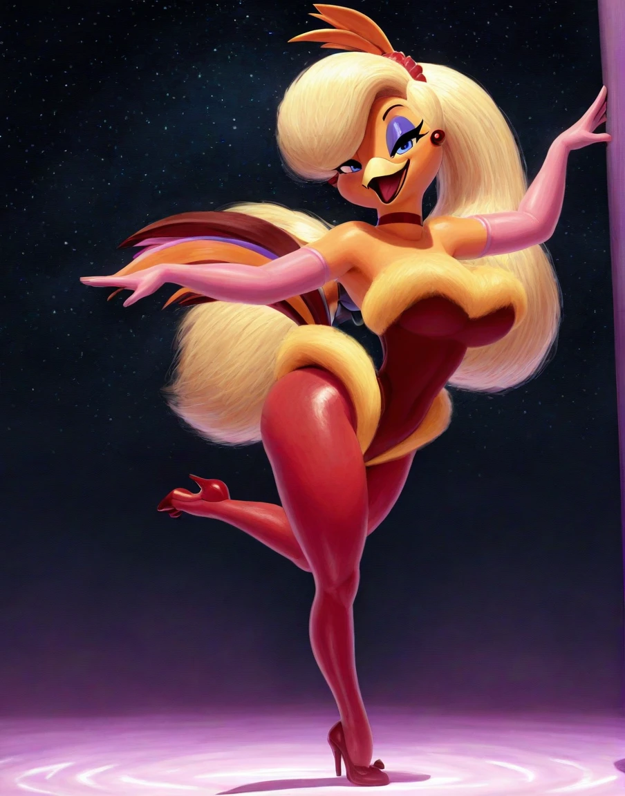 masterpiece, best quality, amazing quality, absurdres, solo, starry sky,
goldie pheasant, female, anthro, bird, blue eyes, orange body, blonde hair, ponytail, eyeshadow, red leotard, fur lined clothing, red pantyhose, red high heels, red ear piercing, red choker, pink elbow gloves, looking at viewer, open mouth, smile, dancing,
by patacon, <lora:GoldiePheasant_011-illus-nd08-na32-b2-ep13:1>