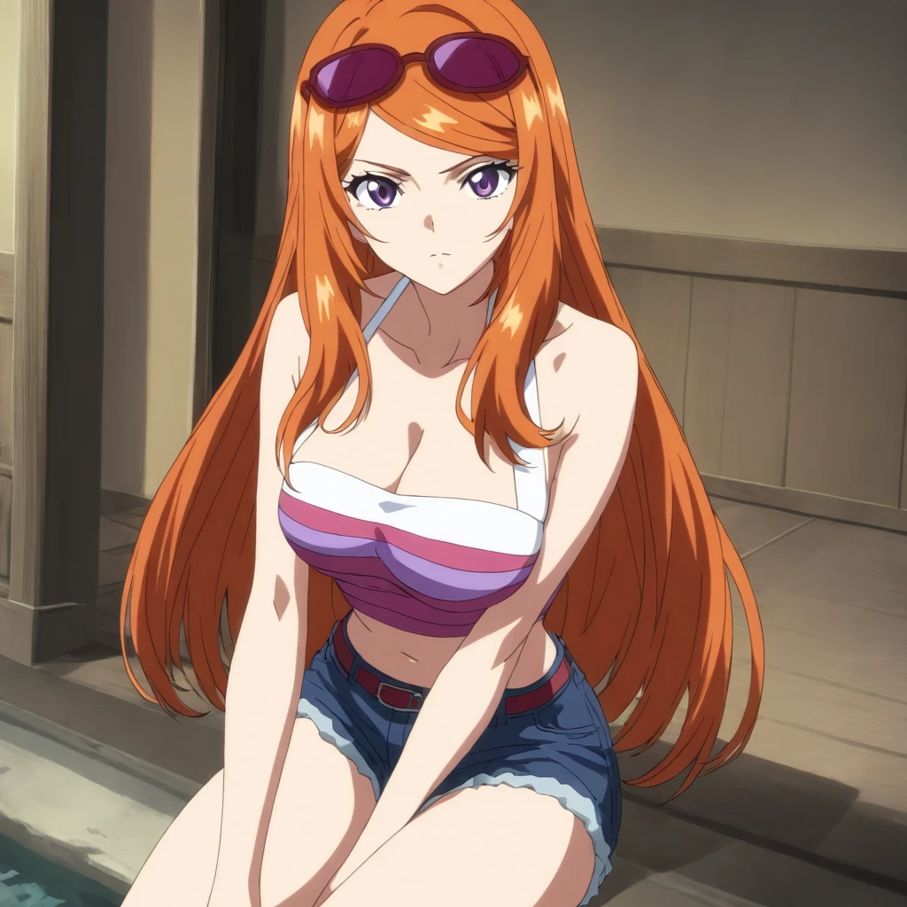 masterpiece,high score,great score,absurdres,anime coloring,looking at viewer,solo,<lora:SakiShindou ag4o:1> sakishindou, orange hair, long hair, purple eyes, eyewear on head,tube top,cleavage,shorts,