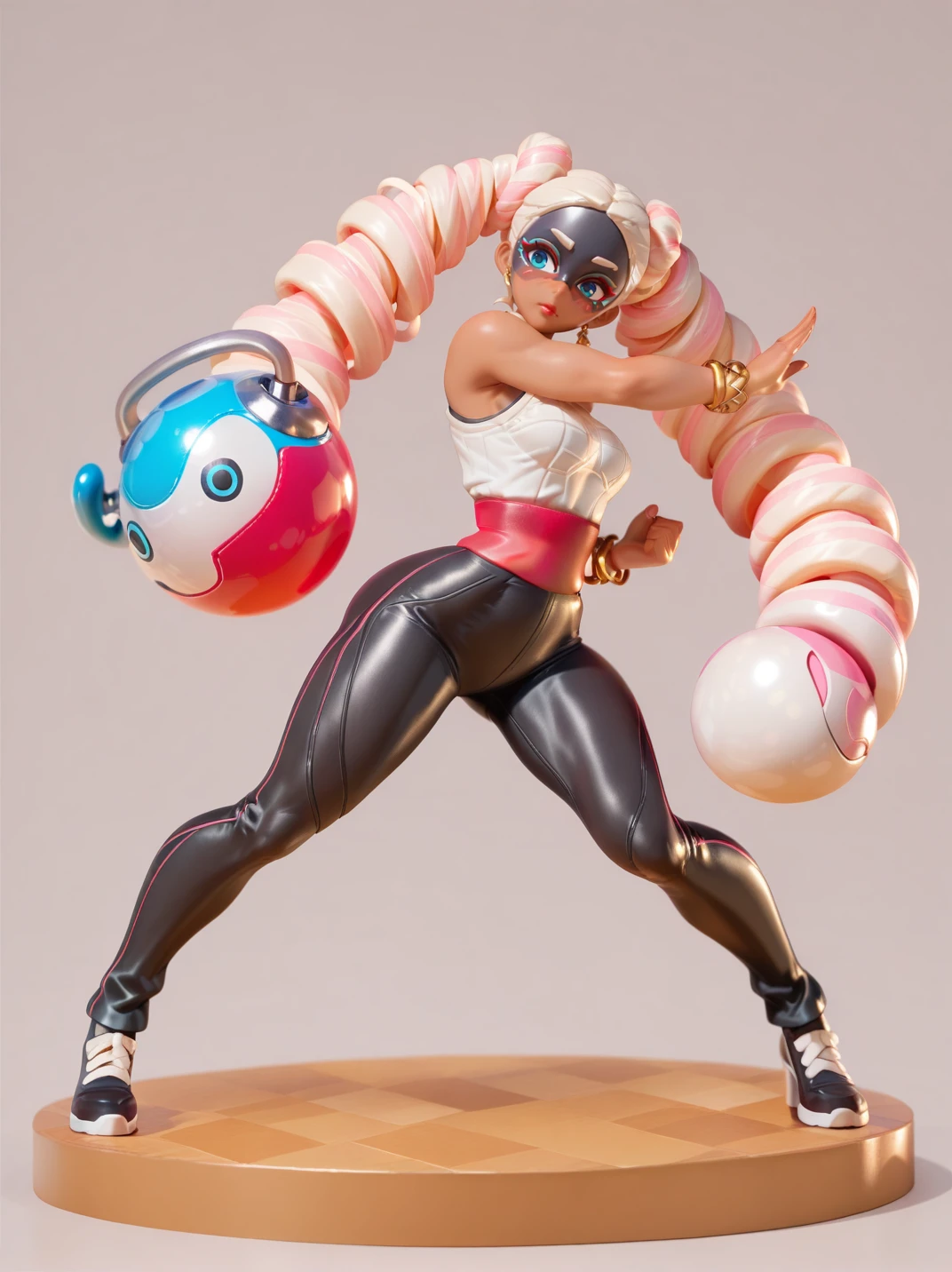 highres, hi res, best quality, masterpiece,,
1girl, (TwintelleXL:1), (shirt, black pants, sleeveless, bracelet, jewelry, red sash:1.2), (blue eyes, dark-skinned female, long hair, twin drills, mask, drill hair, very long hair, multicolored hair, pink hair, blonde hair, lipstick:1),, skindentation, blush, curvy, hips, medium breasts, boxing gloves,
simple background, full body, fighting stance, spread legs, from side, on base, head tilt, floating hair,
<lora:ATwintelle_character:0.75>,, <lora:ill-xl-01-pvc_2:0.85>