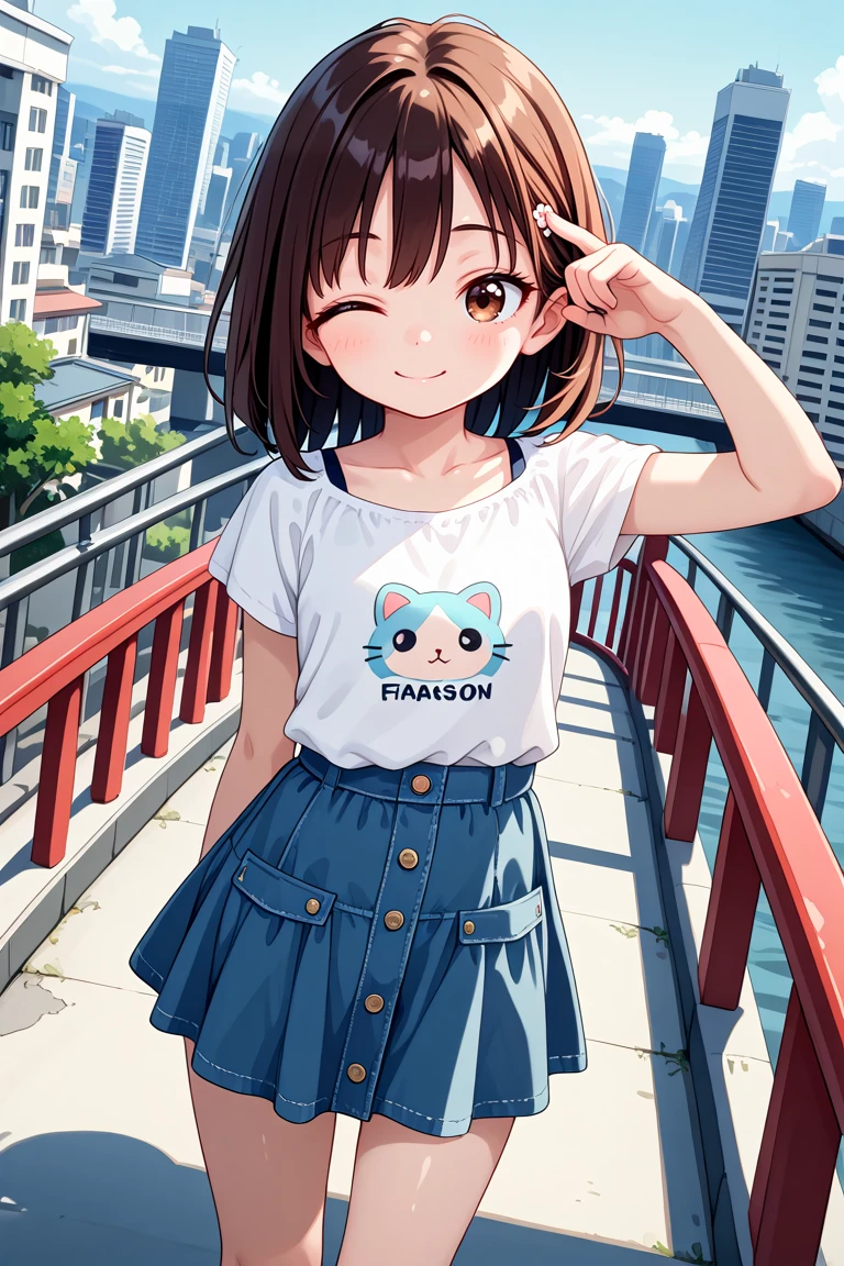 masterpiece, best quality, amazing quality, very aesthetic, absurdres,
cute round face, slender, detailed eyes, detailed hair, kawaii,
1girl, solo, (mature:0.5),
dynamic angle, ,
best shadow, an extremely delicate and beautiful, gleaming skin, cowboy shot,
on bridge, cityscape, standing, model pose, smile,
street fasion, casual fashion, harajuku fashion, wearing skirt,
(brown hair, brown eyes:1.2),
one eye closed, wink
<lora:wink1_right_xl_v20:3:stop=10>