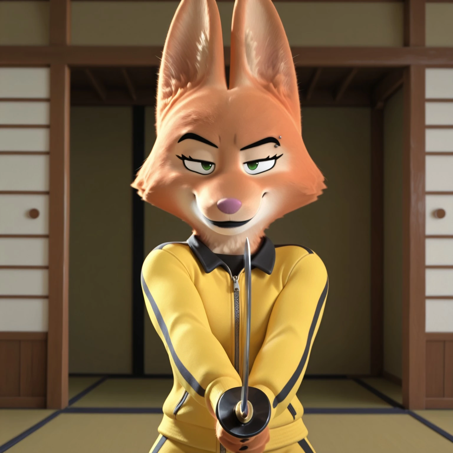 uncensored, masterpiece, best quality, highly detailed, 1girl, solo, DianeTBGV2, female furry, anthro, fox, cheek tuft, black eyebrows, eyebrow piercing, green eyes, pink nose, black lips, orange body, orange fur, tan body, tan fur, two tone body, two tone fur, black claws, narrowed eyes, looking at viewer, smile, standing, upper body, indoors, dojo, (front view, yellow tracksuit, black stripes, fully clothed), detailed background, 4 fingers, closed mouth, front view, let's dance, holding weapon, katana, long katana, holding katana, centered