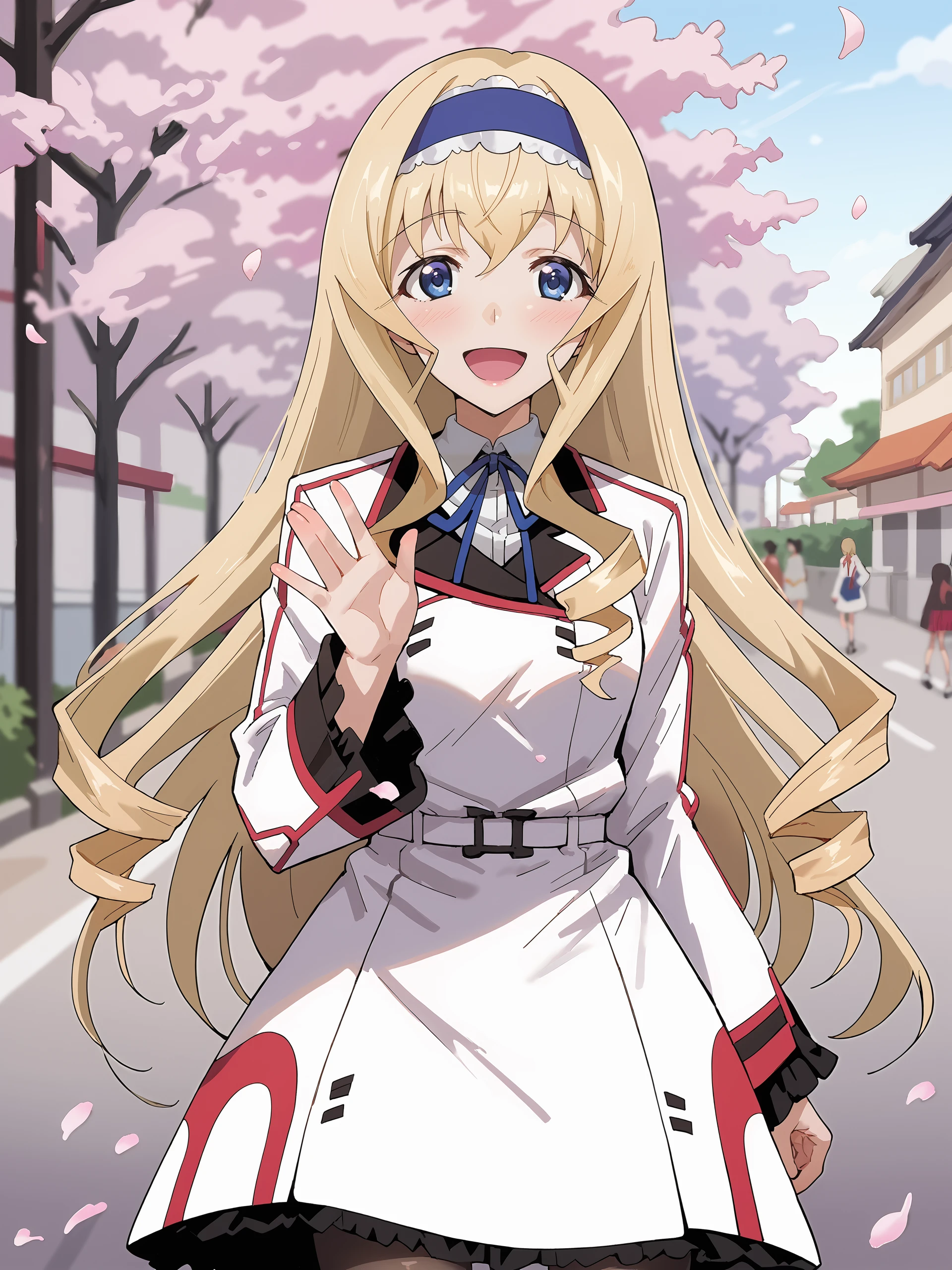 score_9, score_8_up, score_7_up, source_anime, ray tracing, best quality, anime screenshot, anime coloring, <lora:Char-IS-Cecilia-V1-Pony:0.9:hr=0.6>, 1girl, cecilia alcott, blue hairband, solo, blue neck ribbon, infinite stratos academy school uniform, black pantyhose, waving, looking at viewer, smile, open mouth, standing, cowboy shot, outdoors, street, cherry blossoms, petals, depth of field