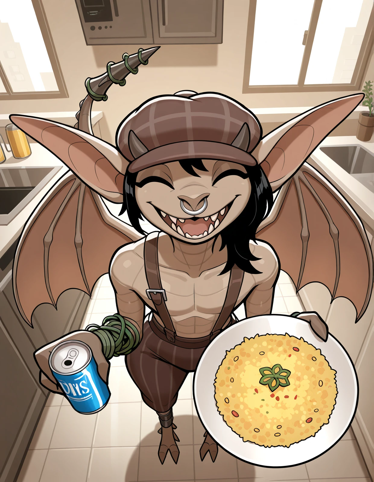 <lora:ivy-deadlock-v3_illustrious:1> (masterpiece, best quality, highres, absurd res, newest), ivy \(deadlock\), animate inanimate, gargoyle, living statue, 2 toes, 4 fingers, ankleband, anthro, bat wings, beverage can, brown body, can, clothed, clothing, container, cooking, facial piercing, fangs, featureless chest, feet, female, fingers, flat chested, food, hat, headgear, headwear, holding can, holding container, holding object, horn, ivy \(plant\), long ears, looking at viewer, membrane \(anatomy\), membranous wings, newsboy cap, nose piercing, nose ring, paella, piercing, prosthetic, prosthetic limb, prosthetic tail, ring piercing, sculpture, solo, statue, steam, suspenders, tail, tail ridge, teeth, toes, wings, wristband, detailed background, kitchen, apartment, (holding plate, offering food:1.1), front view, high-angle view, from above, happy, excited, (closed eyes:1.2),âââ