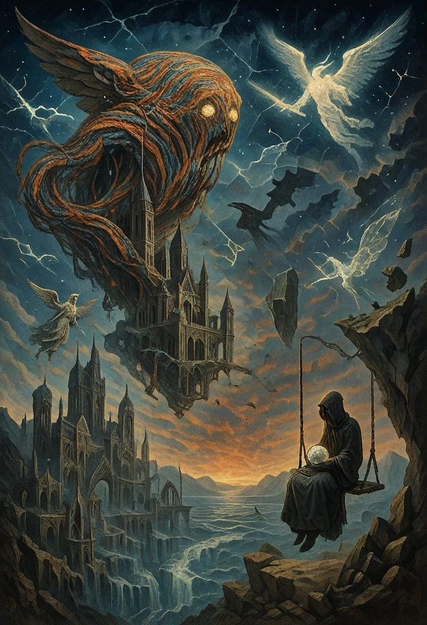 A gargantuan living tapestry, its threads woven from forgotten histories and future possibilities, unfurls across a sky of shattered memories, dragging a forgotten palace made of solidified echoes. The heavens are a fractured mirror, reflecting both the searing gaze of a cosmic forge and the tranquil expanse of a silent, star-dusted ocean. Beneath, a sprawling necropolis, carved into the spine of a sleeping mountain range, slowly dissolves into a river of solidified grief, where phantom ships sail on currents of despair and inverted cathedrals pierce the gloom. Colossal, winged statues of forgotten heroes soar through the air, their gazes fixed on unseen horizons, while spectral chariots drawn by phantom steeds traverse the celestial pathways. A silent guardian, forged from solidified starlight, battles a monstrous entity born from the collective unconscious, its form a shifting tapestry of unspoken fears and forgotten desires. Islands of petrified thought crumble, releasing flocks of spectral ravens that transform into shimmering glyphs mid-flight. A lone wanderer, cloaked in the silence of ages, sits on a swing woven from strands of destiny, holding a sphere of condensed oblivion, as the very fabric of existence unravels around them like a discarded tapestry.