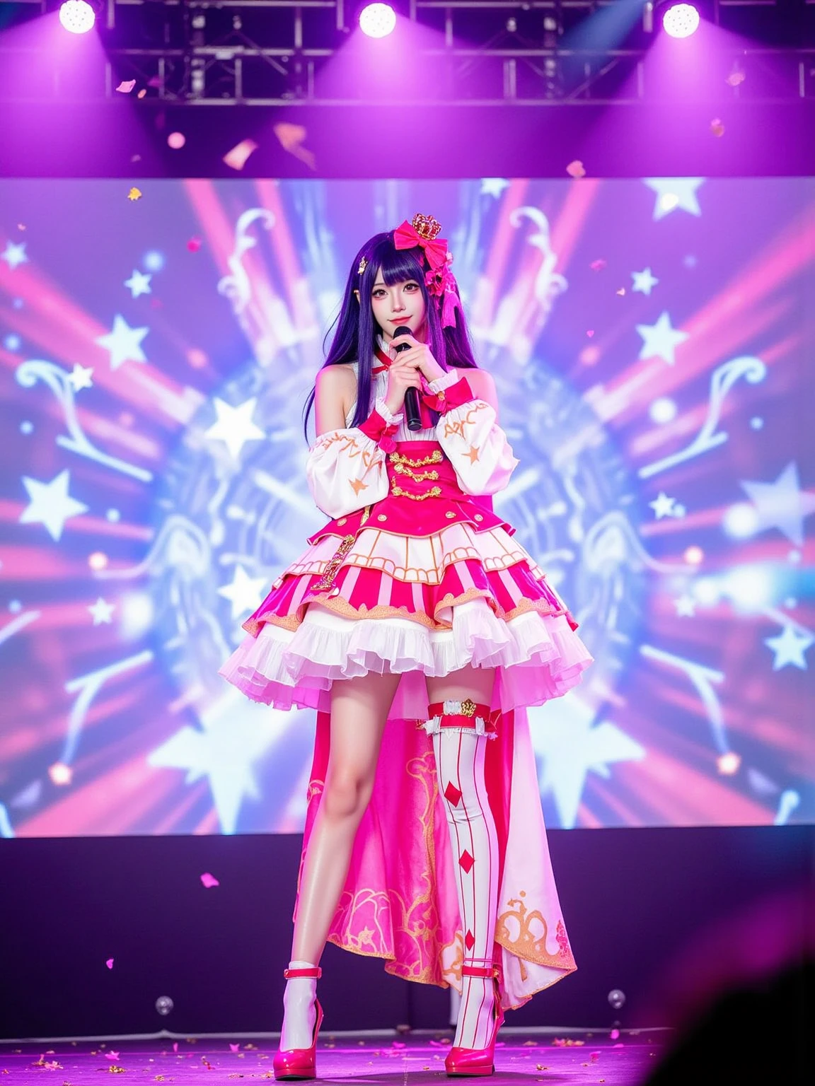 A realistic photo of a tall and slender beautiful young woman in cyb-hoshinoai cosplay costume. She is also wearing mismatched legwear and pink high heels. She has purple hair with mini crown and hair bow. She is holding a microphone.
The sence is a grand concert stage illuminated by vibrant spotlights in pink, purple, and blue, with a massive LED screen displaying shimmering star patterns. Glittering confetti falls through the air, creating a dazzling and electrifying atmosphere.
The photo is a full body shot with her entire body visible and with intricate details scene.
