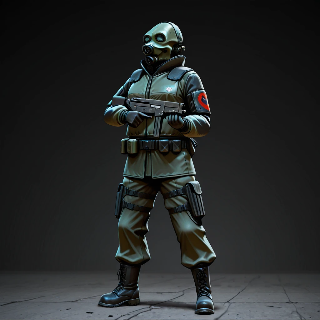 hl2beta, gas mask, flak-jacket, boots, uniform, tactical belt, solo, holding weapon, submachine gun