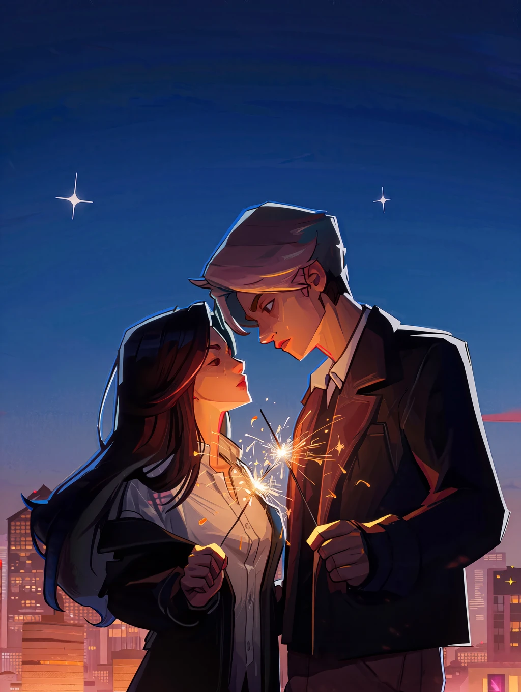 stylized r1vals illustration showing a romantic scene featuring a young couple holding sparklers at night, with a city skyline in the background. The couple is standing close together, looking at each other lovingly, with the man's face close to the woman's face. The woman has long, dark hair and is wearing a white shirt and a black jacket, while the man has short, light-colored hair and a serious expression. The sky is dark blue with a few stars, and the city skyline is lit up with a warm, orange glow from the sparklers they are holding. The style is semi-realistic with a focus on the couple's expressions and the sparks they are creating. The overall mood is romantic and intimate. <lora:r1vals_qwen:1>