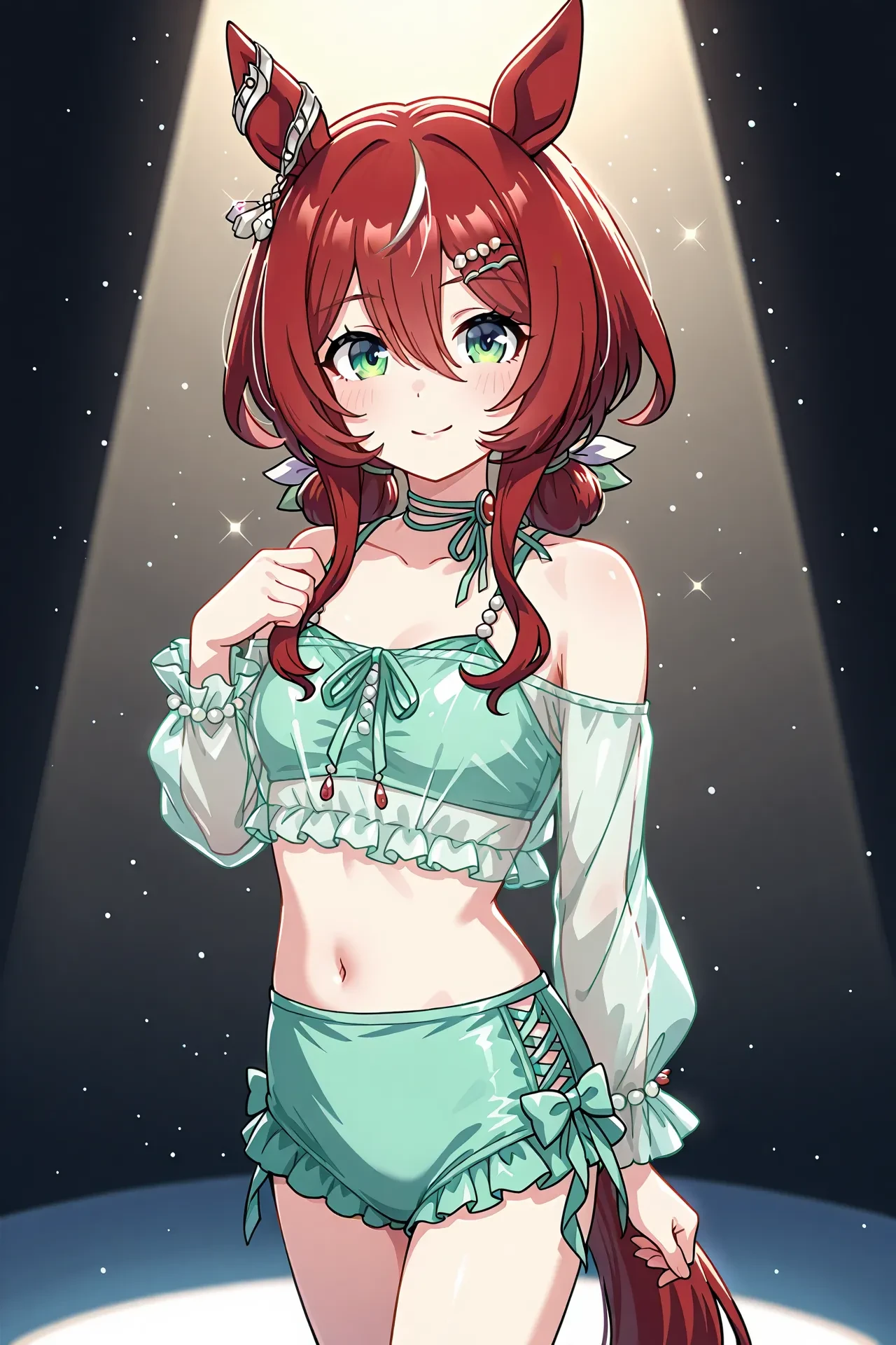 win variation \(umamusume\),win variation (principal on the water surface) \(umamusume\),
horse girl,horse ears,horse tail,short hair,long hair,hair between eyes,red hair,streaked hair,white hair,ear ornament,hair ornament,green eyes,
see-through shirt,see-through midriff,bare shoulders,long sleeves,armlet,
bikini,green bikini,neck ribbon,navel,green bow,frills,
<lora:win_variation_bikini:0.8>,, 1girl,solo,smile,looking at viewer,cowboy shot,pose,spotlight,