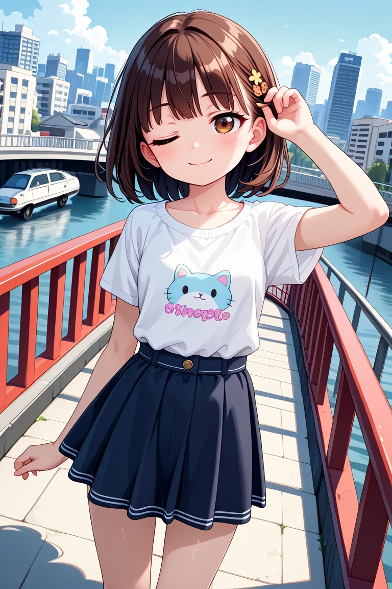 masterpiece, best quality, amazing quality, very aesthetic, absurdres,
cute round face, slender, detailed eyes, detailed hair, kawaii,
1girl, solo, (mature:0.5),
dynamic angle, ,
best shadow, an extremely delicate and beautiful, gleaming skin, cowboy shot,
on bridge, cityscape, standing, model pose, smile,
street fasion, casual fashion, harajuku fashion, wearing skirt,
(brown hair, brown eyes:1.2),
one eye closed, wink
<lora:wink2_right_xl_v20:3:stop=10>