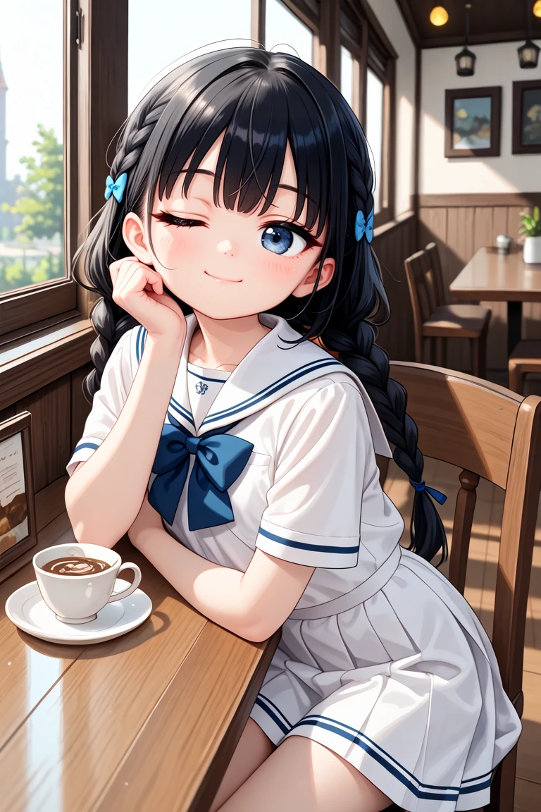 newest, latest, masterpiece, best quality, amazing quality, very aesthetic, absurdres,
cute, cute round face, slender, detailed eyes, detailed hair, kawaii,
1girl, solo,
cowboy shot, (one eye closed, wink:1.1),
smile, closed mouth, looking at viewer, jitome,
Detailed dark-blue eyes, Long hair with braids, black hair, Detailed slender body,
white sailor school uniform, blue bowtie,
sitting, in cafe, classic interiors, gothic furnitures
<lora:wink2_right_xl_v20:1>