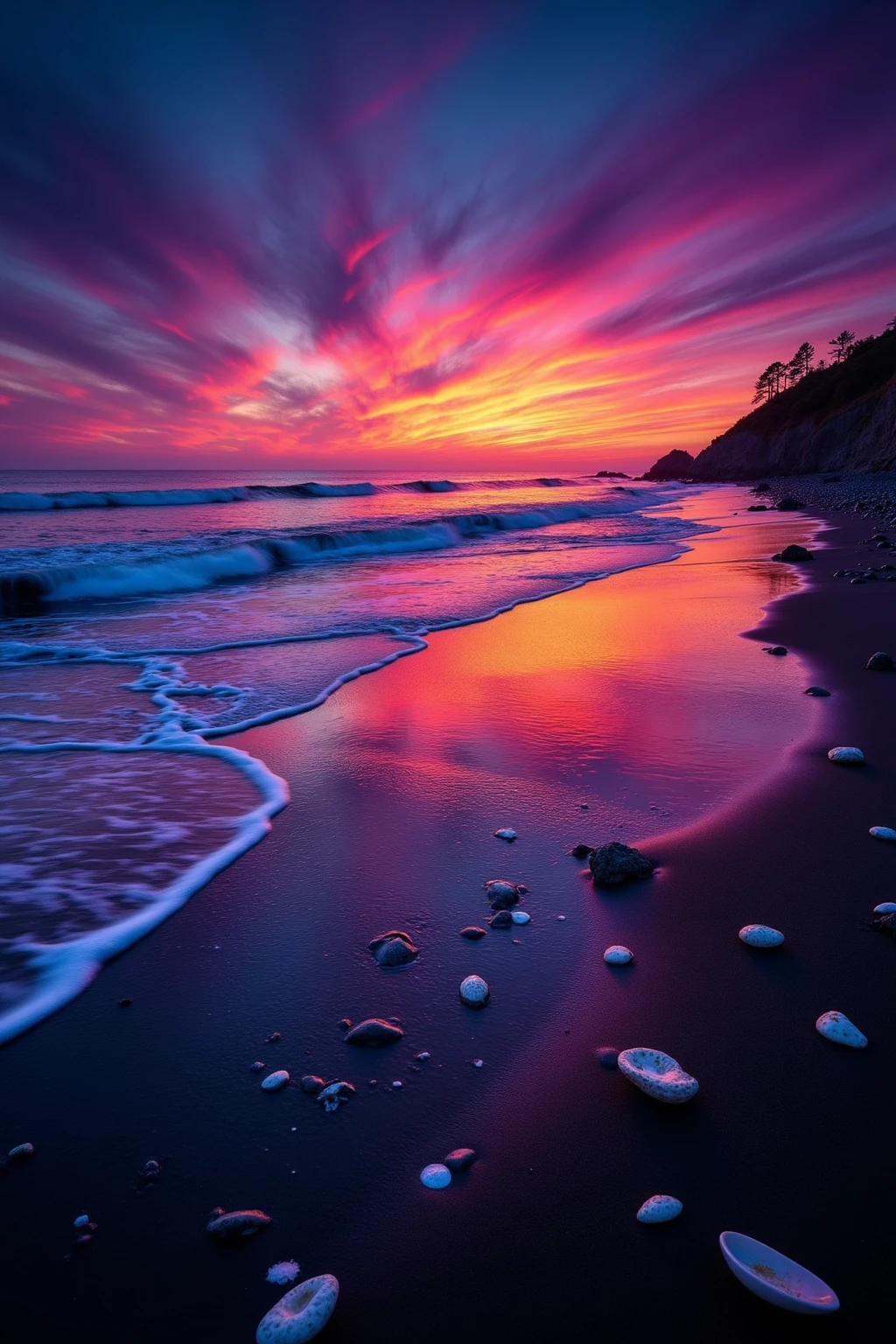 DT_style,Beach sunsets with vibrant colors, rocky outcrops silhouetted, water mirroring the skyâs glow, gentle breeze carrying salt and magic.