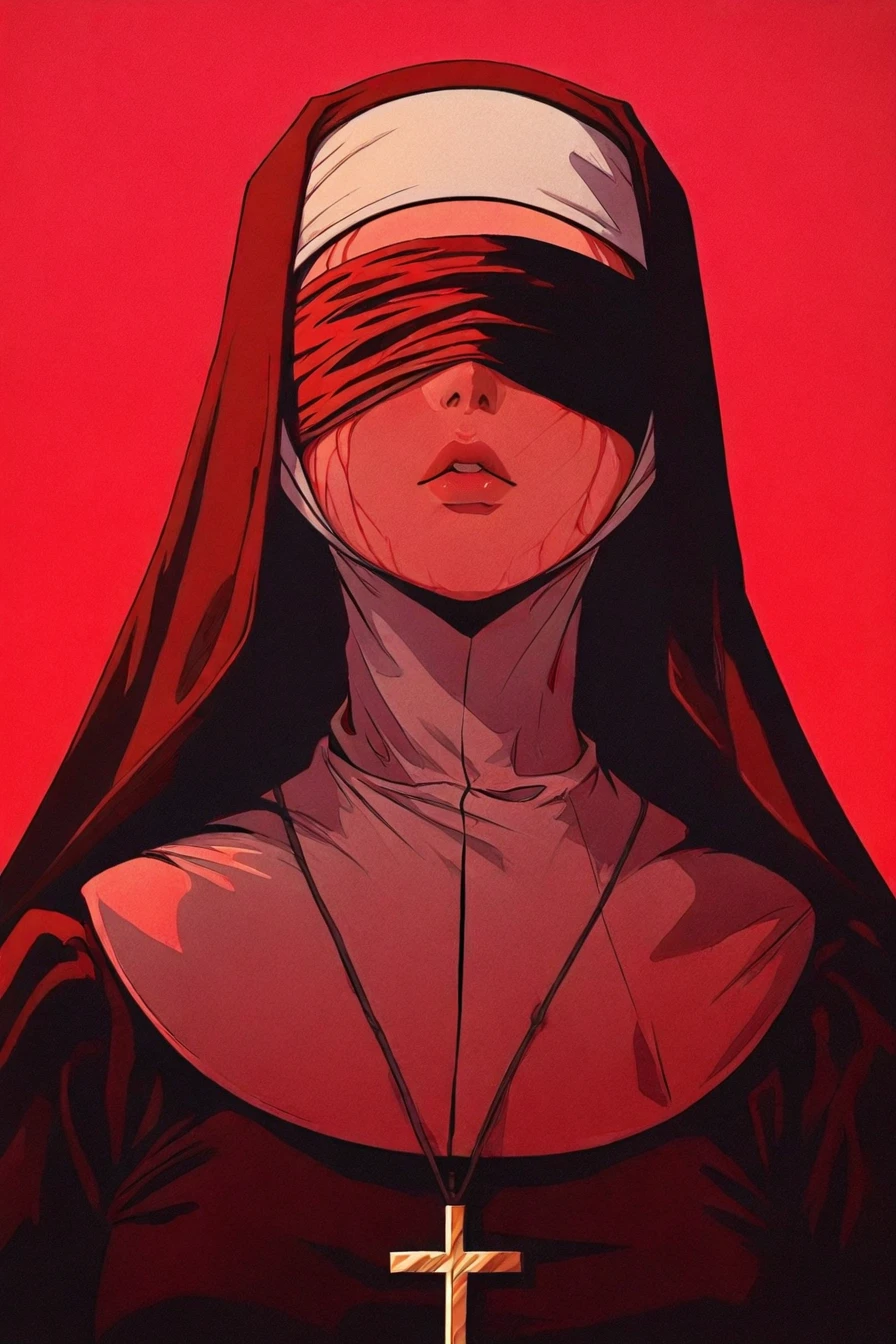1girl, solo, alone, nun, cross necklace,<lora:red_aesthetic_anime_illustriousXL:1>, red_aesthetic_anime, red theme, masterpiece, highres