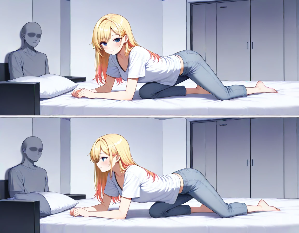 masterpiece, best_quality, very_aesthetic, highres, absurdres, ultra detailed,
<lora:neg_3-3_V02:0.4>
<lora:fixed-point_camera_IL:1.5>
1boy,
close-up, faceless, fpcfpc, comic, 2koma,frame,indoors, fixed-point_camera, Ash Blonde hair ,lob hair lips Minute , , scoop neck t-shirt, striped, casual style, ankle length pants, comfortable design , side-profile lean with soft smile, kneeling on bed in oversized shirt,dynamic visul,multiple-tone hair, multiple-tone background, watercolor \(medium\), mauve theme,grey theme,warm colors,dream like,