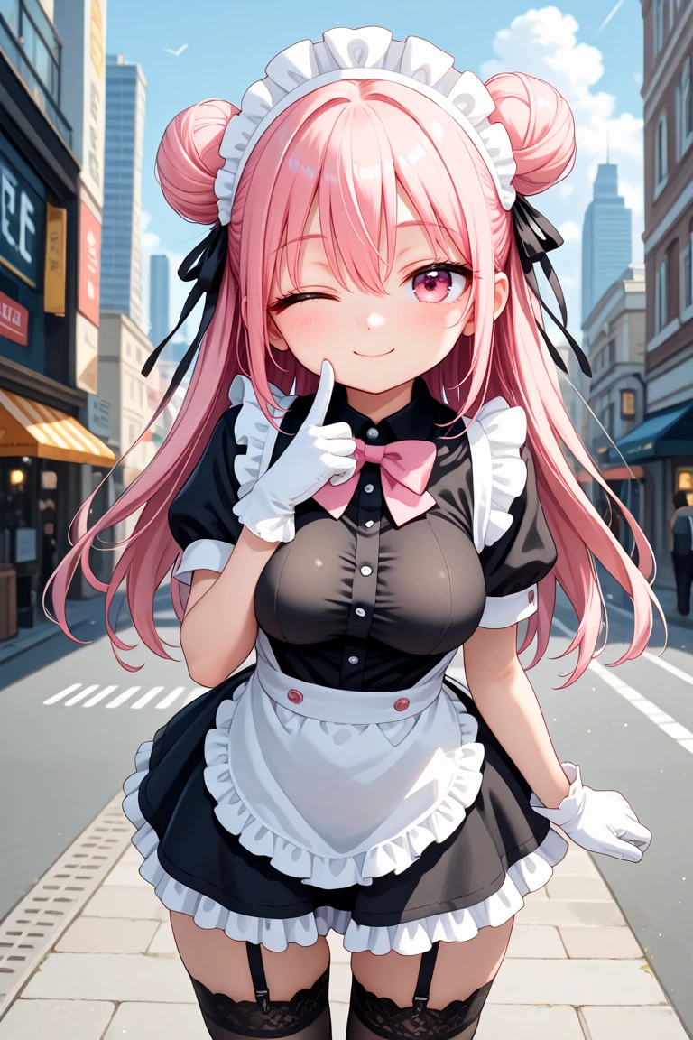 masterpiece, best quality, amazing quality, very aesthetic, absurdres,
cute face, slender, detailed eyes, detailed hair,,
1girl, solo,
maid, headdress, apron, sleeves with frills, short sleeves, bowtie, tented black shirt, black shirt, covered breasts, frilled skirt, list cuffs,
black garter stocking, white gloves,
smile, closed mouth, wink, one eye closed,
standing, cowboy shot, looking at viewer,
Daytime cityscape, bustling streets, and urban energy Portray the vibrant charm of a lively metropolis under the sun, depth of field, ultra detailed background,
medium breasts,
pink hair, pink eyes, double bun, hair between eyes
<lora:wink1_right_xl_v20:1>