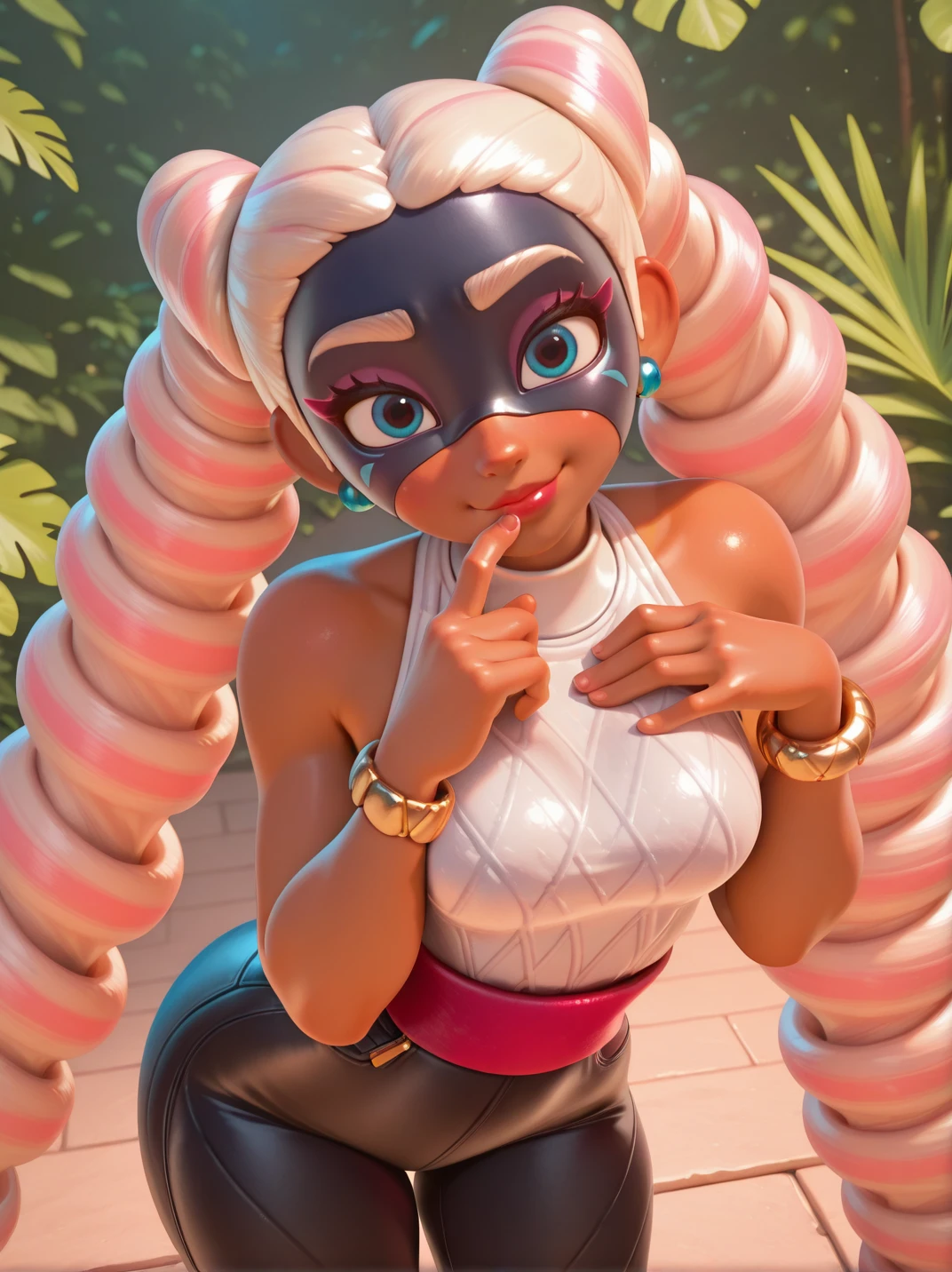highres, hi res, best quality, masterpiece,,
1girl, (TwintelleXL:1), (shirt, black pants, sleeveless, bracelet, jewelry, red sash:1.2), (blue eyes, dark-skinned female, long hair, twin drills, mask, drill hair, very long hair, multicolored hair, pink hair, blonde hair, lipstick:1),, skindentation, blush, curvy, hips, medium breasts,
naughty face, dutch angle, naughty pose, looking at viewer, one hand on chest, one finger on lips, leaning forward, from above, one hand on lips, solo, dynamic pose, cowboy shot, head tilt, sexually suggestive, vegetation, closed mouth,
<lora:ATwintelle_character:0.75>,, <lora:DisneyStudios_style-12IL:1>, DisneyStudioXL,,, cartoon, cinematic,,3d,