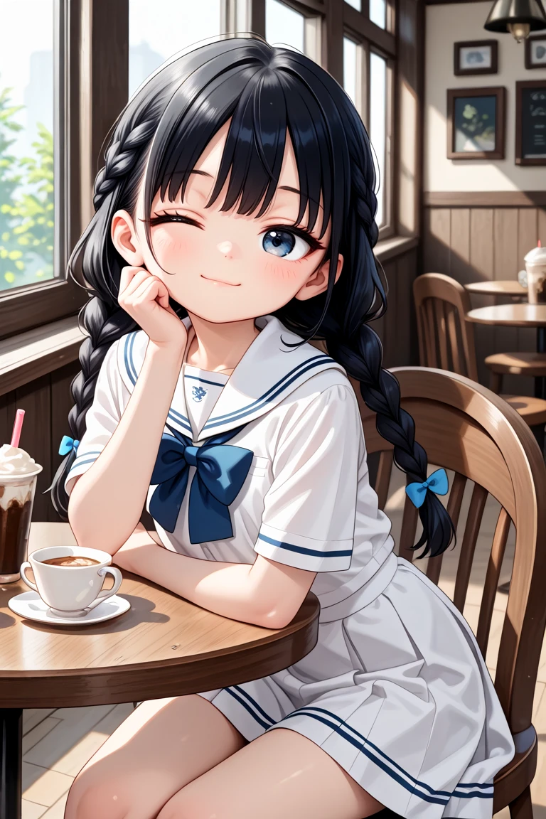 newest, latest, masterpiece, best quality, amazing quality, very aesthetic, absurdres,
cute, cute round face, slender, detailed eyes, detailed hair, kawaii,
1girl, solo,
cowboy shot, (one eye closed, wink:1.1),
smile, closed mouth, looking at viewer, jitome,
Detailed dark-blue eyes, Long hair with braids, black hair, Detailed slender body,
white sailor school uniform, blue bowtie,
sitting, in cafe, classic interiors, gothic furnitures
<lora:wink1_right_xl_v20:1>
