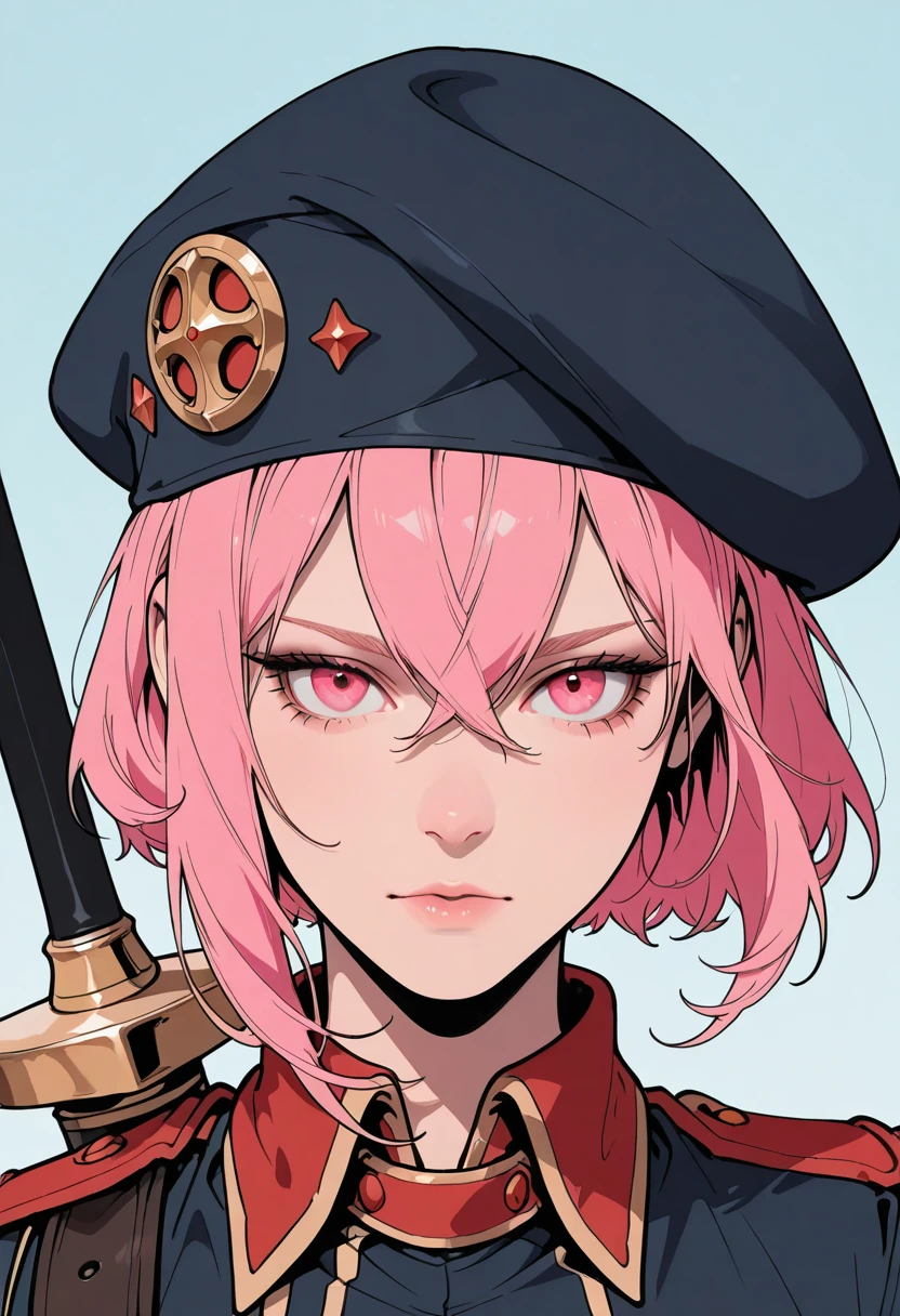 HDR, masterpiece, best quality, very aesthetic, (realistic:1.1), (flat color:1.5),
lenny, 1girl, solo, looking at viewer, short hair, hat, hair between eyes, pink hair, weapon, sword, pink eyes, uniform, military uniform, beret, portrait, crossed bangs, weapon on back, long sword