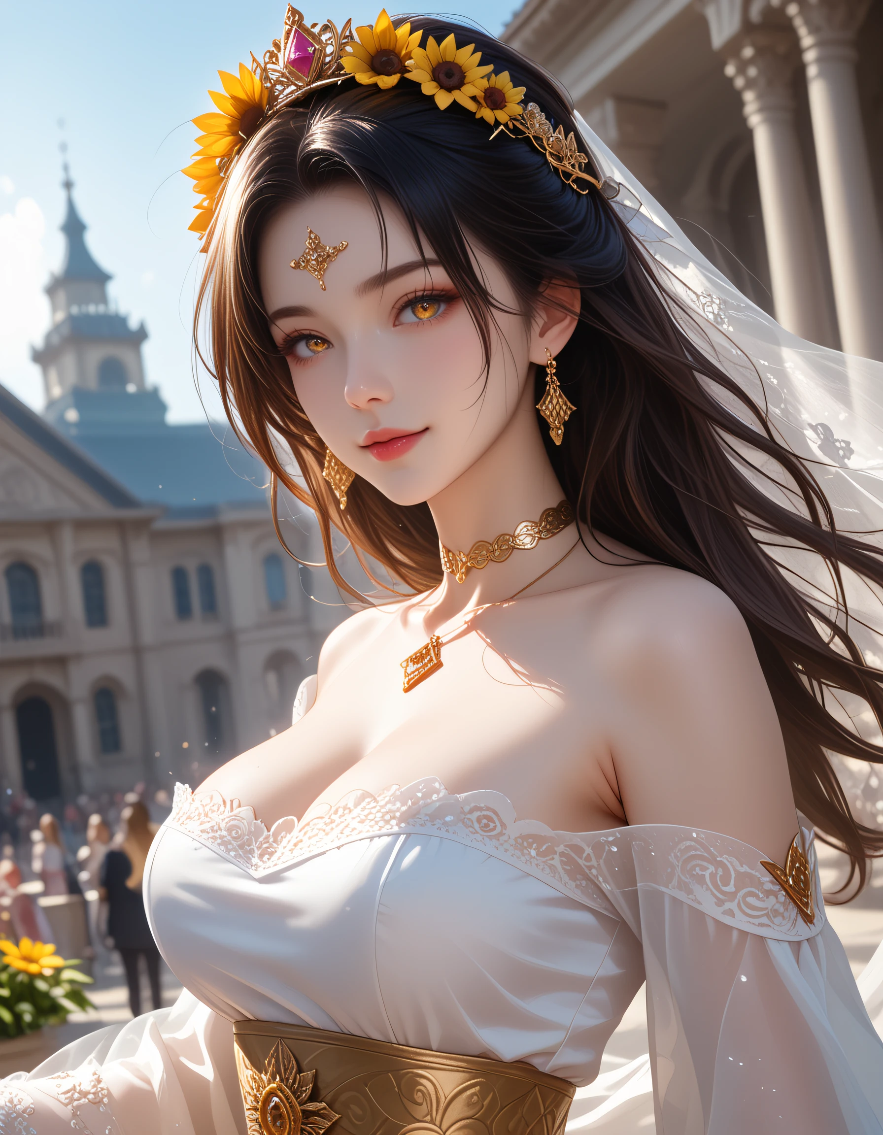 zPDXL3, safe_pos, score_9, score_8_up, source_realistic, source_anime,
8k, best quality, ultra high res, sharp focus,
masterpiece, expressive, digital art, cinematic,
intricate details, extremely detailed, Unreal Engine,
cinematic light, photo studio lighting,
dramatic angle, dynamic camera angle, unique perspective, unique angle, wide angle, dutch angle, foreshortening,
establishing shot, graceful stretching angle,
Diffuse lighting, (sfw:1.3),
Agfa APX 400, Ektar 100, Flash Photography,
1girl, , hanfu, seductive smile, large breasts,
, ExpressiveH,
blurred eyes, innocent, lovely face,
big eyes, beautiful detailed eyes, very detailed eyes, detailed beautiful delicate face,
realistic humid skin, detailed skin,
sexy pose, sensual posture, graceful pose, curvy, scenery, perfect legs,
erotic posture, sexual intent, sensual, alluring, voluptuous,
dynamic pose, more detail,
blurry background,
beautiful sunflower girl with golden petals, dark center, and sun-following gaze xianxia maiden, wine red dominant color dress with dusk horizon orange with warm embrace and elegant lavender purple secondary tones, mushroom caps with smooth domes surface texture,
wearing elegant reversible qipao with dual designs with sequined collar with shimmering surface collar and ornate sheer hanfu blouse with veil over holy wide flowing sleeves sleeves,
heavenly layered chiffon skirt with delicate details with organ pleating with musical inspiration and jade golden belt with phoenix motif belt, golden soft leather shoes with jade buckle footwear,
facial features: artistic inspiration with creative spark expression, zodiac brows with astrological symbols eyebrows, cloud delicate eyeliner with long lashes with ornate details eye makeup, lotus amber glowing jewel mark with heirloom details forehead markings,
hair styling: elegant loose hair with flower crown with flowing details and fire hair wildness with elemental passion hairstyles,
accessories: translucent flower crown hair ornaments, golden choker with phoenix motif jewelry, gold bangles on wrist and ritual gong with resonant tone additional accessories,
pose: statuesque incense ceremony with smoke creating mystical atmosphere and peace making with harmony restoration in mining village with ore deposits environment with fragrant cloudy mountain peak background,
atmosphere: grasshopper leaping through fields seasonal elements, lens flare effects with bright star bursts lighting effects,
detailed, intricate, elegant, graceful, mystical, ethereal