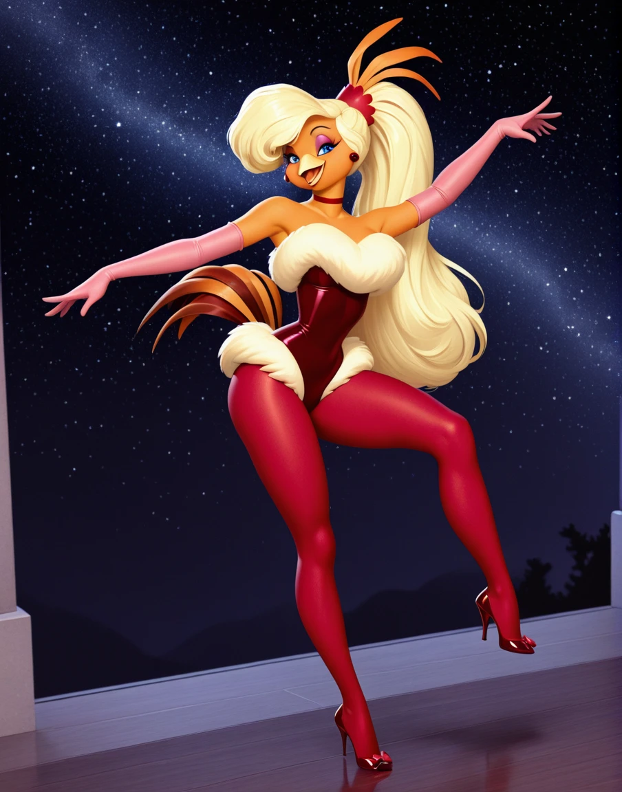 masterpiece, best quality, amazing quality, absurdres, solo, starry sky,
goldie pheasant, female, anthro, bird, blue eyes, orange body, blonde hair, ponytail, eyeshadow, red leotard, fur lined clothing, red pantyhose, red high heels, red ear piercing, red choker, pink elbow gloves, looking at viewer, open mouth, smile, dancing,
by fenris49, <lora:GoldiePheasant_011-illus-nd08-na32-b2-ep13:1>