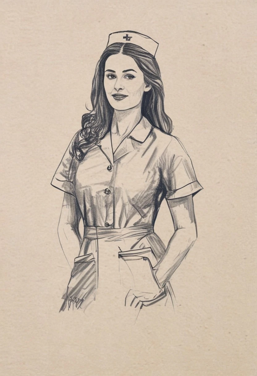 pencil sketch, nurse woman, nurse costume,