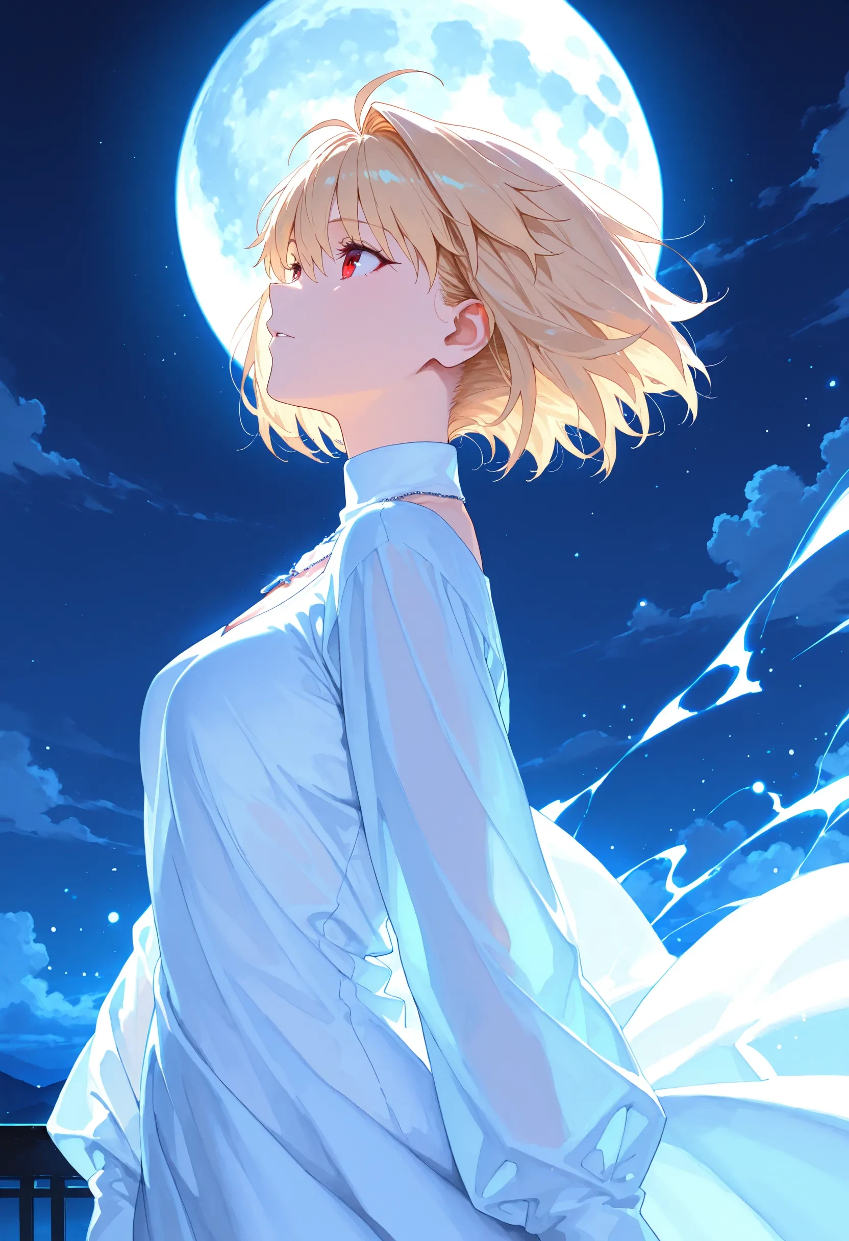 rim lighting, hair highlights, luminous lighting, cinematic ambiance, masterpiece, best quality, absurdres, high detailed, ultra-HD, vibrant colors, year 2024, watercolor, (oekaki:1.1), amazing quality, super fine illustration, extremely detailed illustration, newest,
beautiful person, tsukihime, arcueid brunestud,
wind effects, moon, moonlight,
(from side:1.1), lateral angle, (low-key composition:1.2), (dark tonal:1.1),