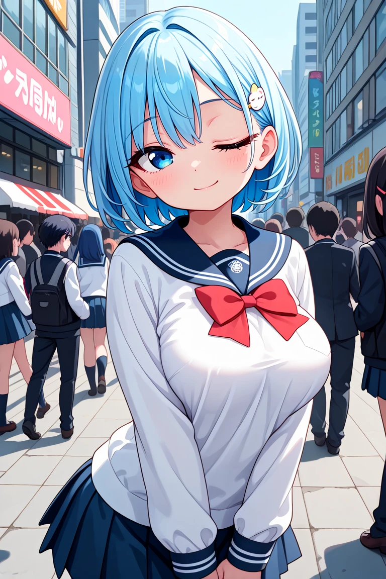 masterpiece, best quality, amazing quality, very aesthetic, absurdres,
cute round face, slender, detailed eyes, detailed hair, kawaii,
1girl, solo,
wearing winter school uniform, sailor school uniform, white shirt, blue pleated skirt, red bowtie,
smile, closed mouth,
standing, cowboy shot, looking at viewer,
slender, kawaii, perfect symmetrical face, ultra cute girl, ultra cute face, ultra detailed eyes, ultra detailed hair, ultra cute, ultra beautiful,
in harajuku, shibuya, tokyo, street, crowd, cityscape,
medium large breasts,
blue hair, short hair, blue eyes, hair pin, one eye closed
<lora:wink2_left_xl_v20:1>