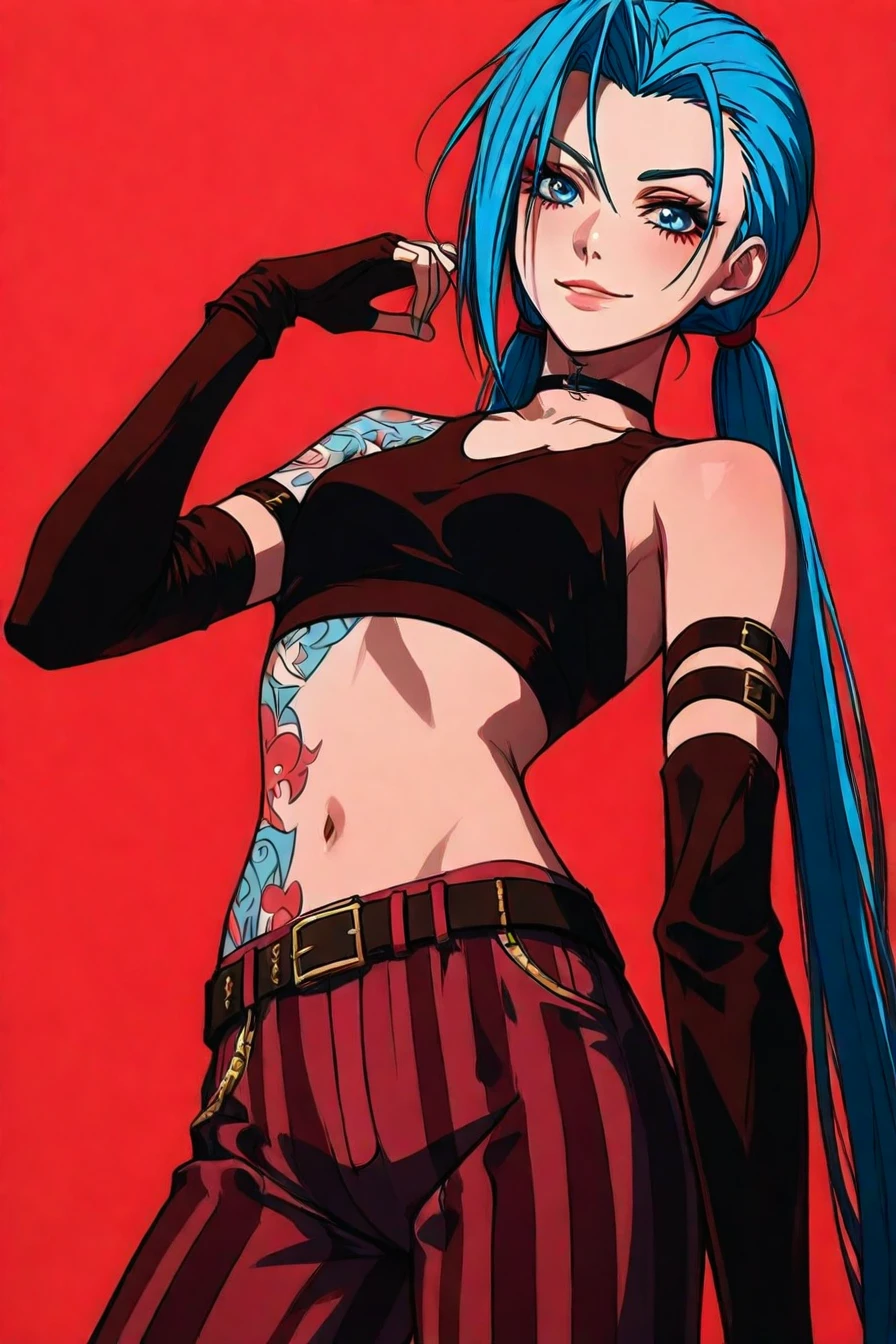 jinx, blue hair, pale skin, choker, smile, blue eyes, long blue twin pigtails, tattoo,crop top, sleeve, armbands, purple striped pants, gloves, belt, 1girl, solo, alone, <lora:red_aesthetic_anime_illustriousXL:1>, red_aesthetic_anime, red theme, masterpiece, highres