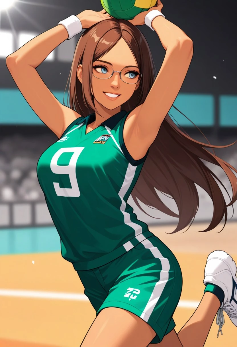 (CHARACTER: 1girl, long hair, parted bangs, forehead, brown hair, striking light silver eyes, glasses, tan skin. medium , long straight brown hair, light silver eyes, nose, lips
)
(EXPRESSION: confident, teeth smile, calm composed
)
(POSE: candid, looking away, arms up, jumping 
)
(CLOTHING: volleyball star, volley smash, green volleyball jersey, baggy shorts, high-top sneakers, wristbands.
)
(SETTING: blurred background, clothing matched setting,
)
(PERSPECTIVE: dynamic model shoots, view from side
)
(STYLE: zPDXL3, SmoothNegative_Hands, conceptart,, pretty girl
)
(QUALITY: score_9, score_8_up, score_7_up, score_6_up, high_quality, highres, detailed_eyes, beautiful, detailed, masterpiece, best quality, absurdres, 8k
)